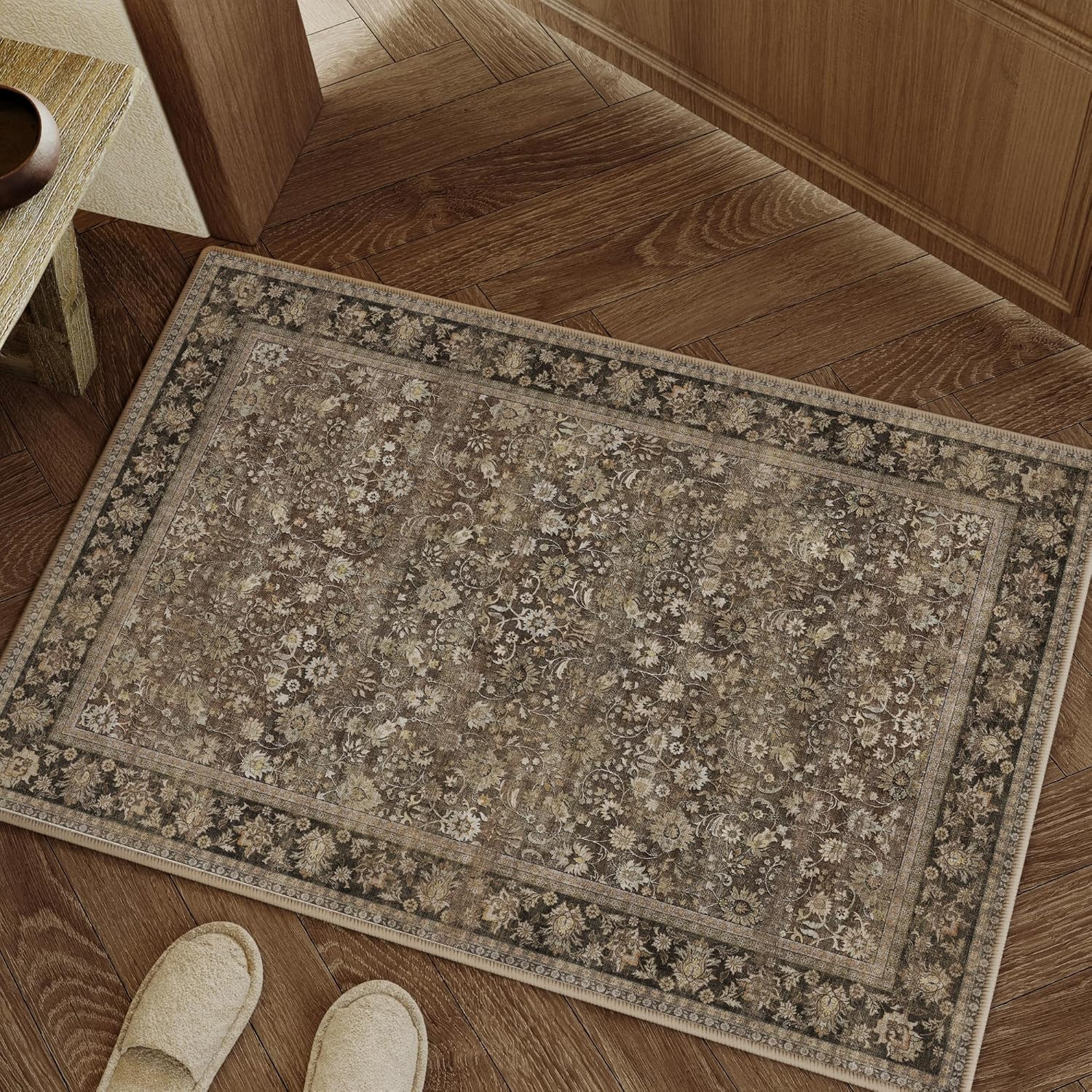 2X3 Brown Vintage Floral Washable Area Rug for Entryway | Low Pile, Non Slip, Re