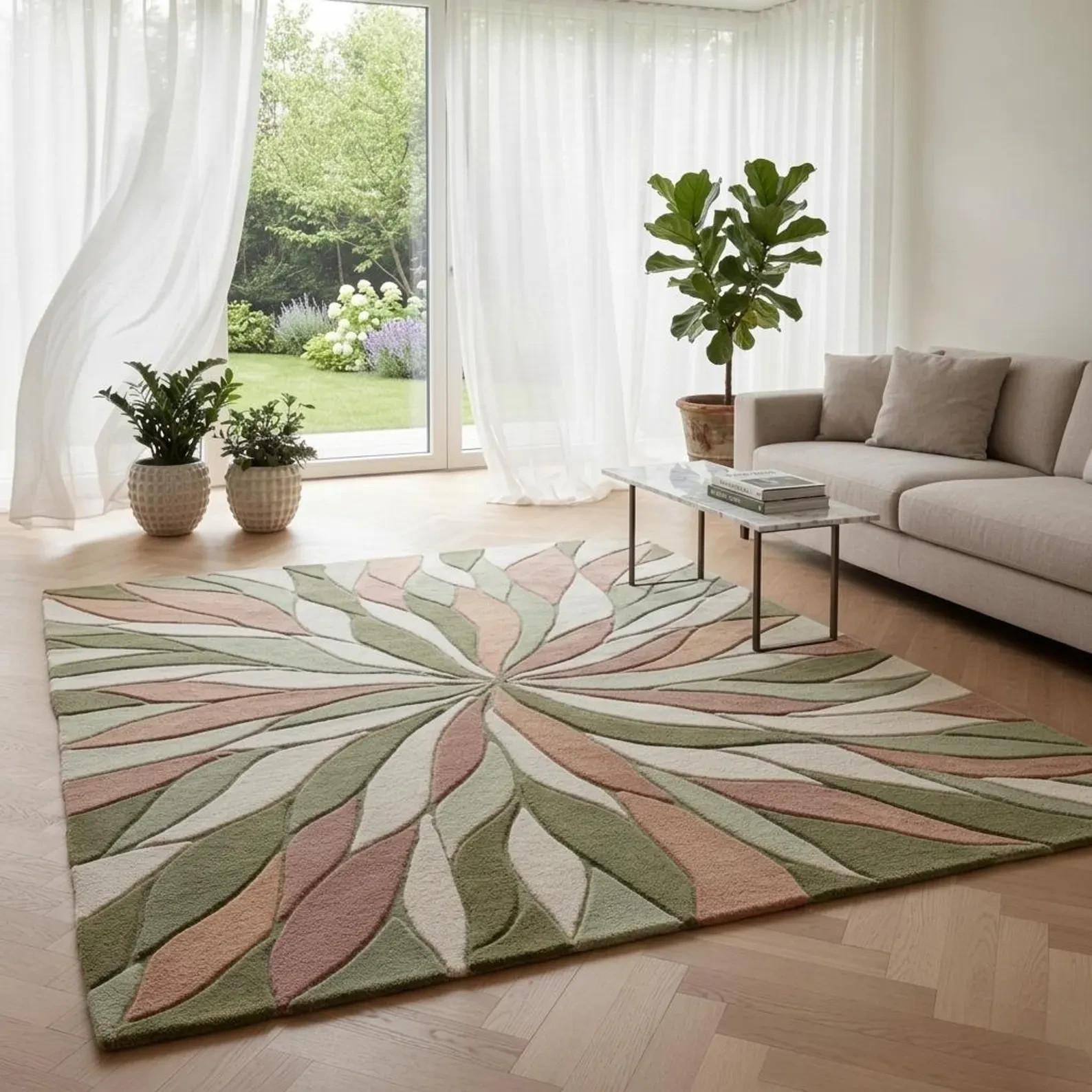 Hand Tufted Wool Rug, Modern Floral Botanical Area, Sage Green Blush Beig Carpet