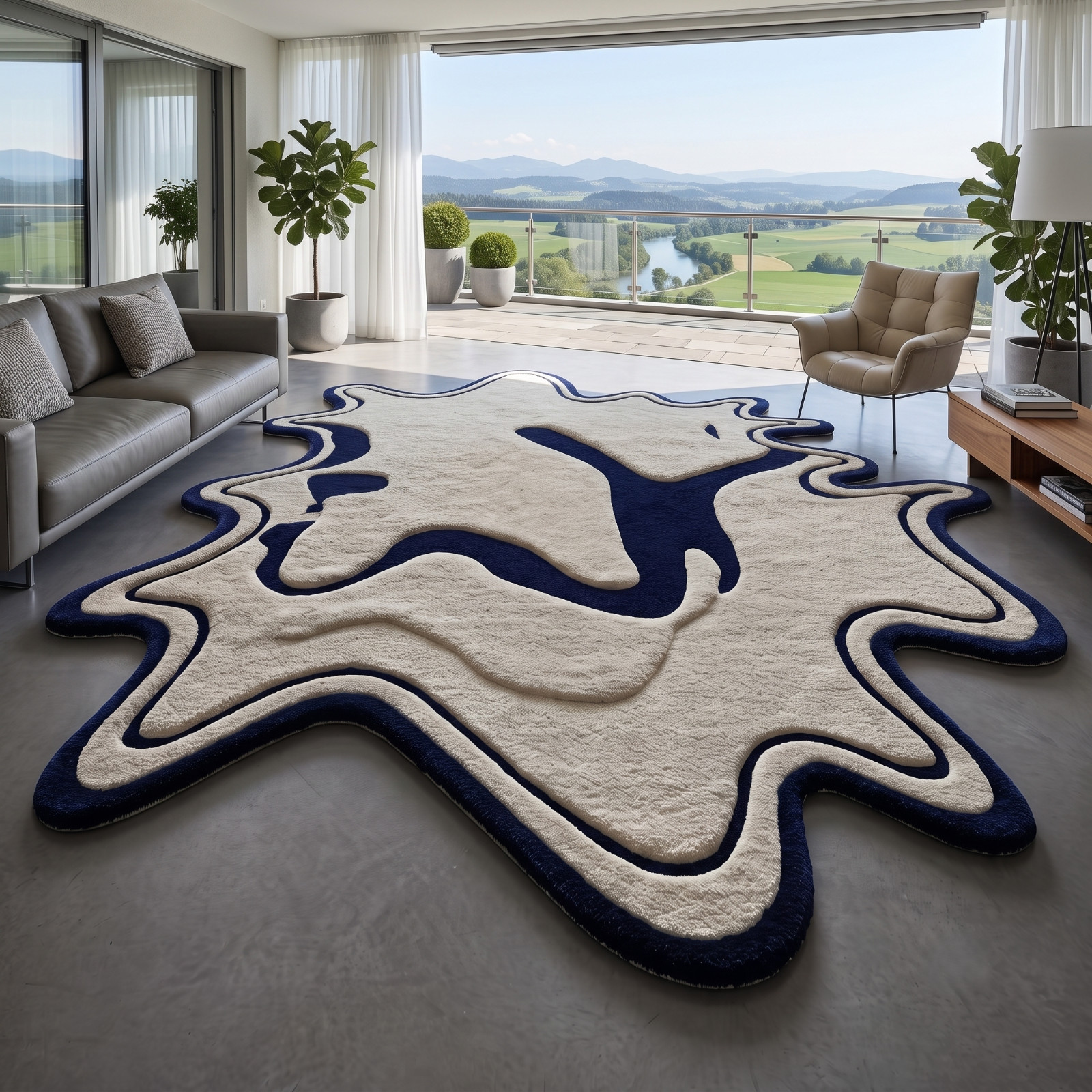 8×10 Hand Tufted Wool Area Rug Blue Modern Irregular Designer Carpet Living Room