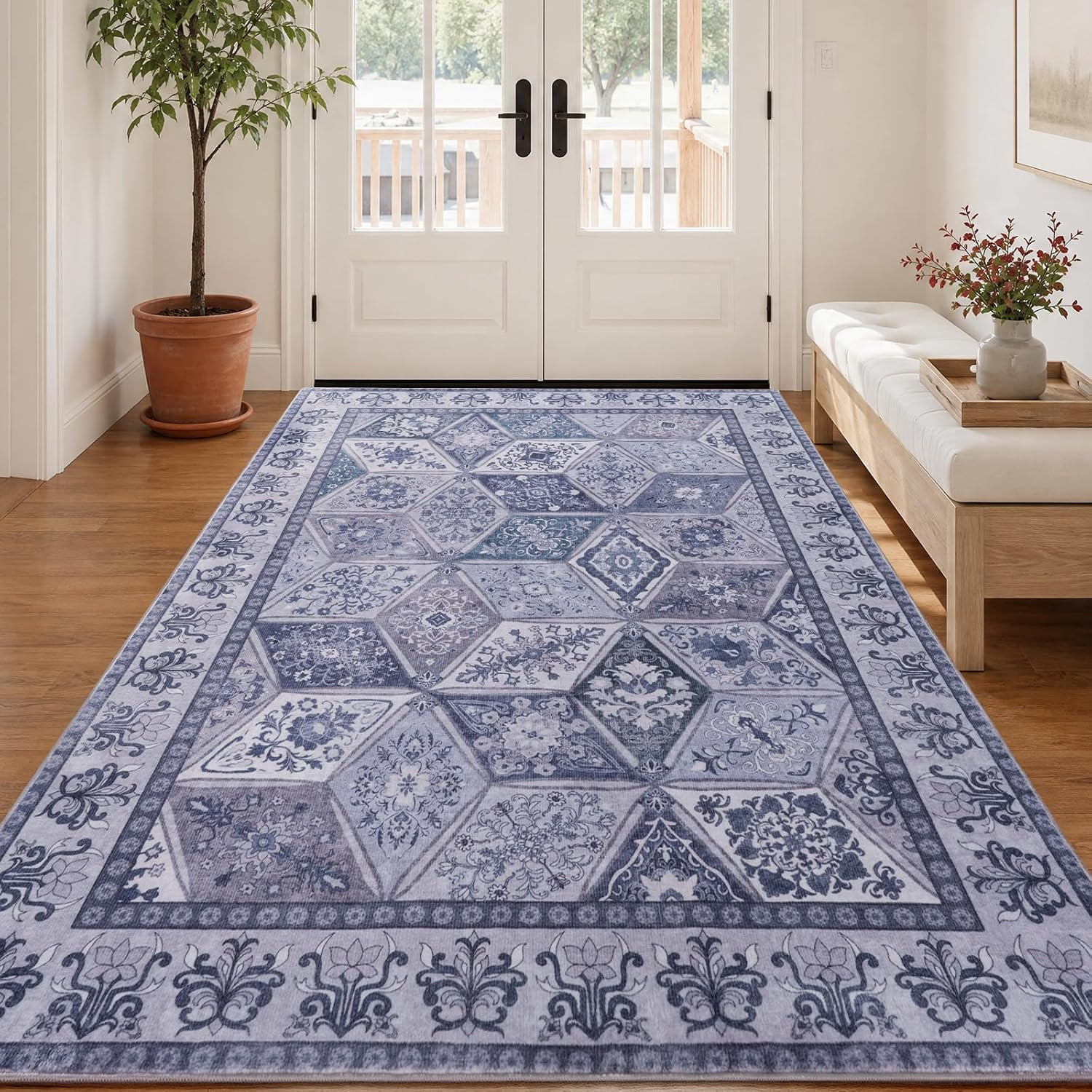 Moroccan Washable Area Rug 4X6 Vintage Patchwork Rug for Bedroom, Blue/Grey | Di
