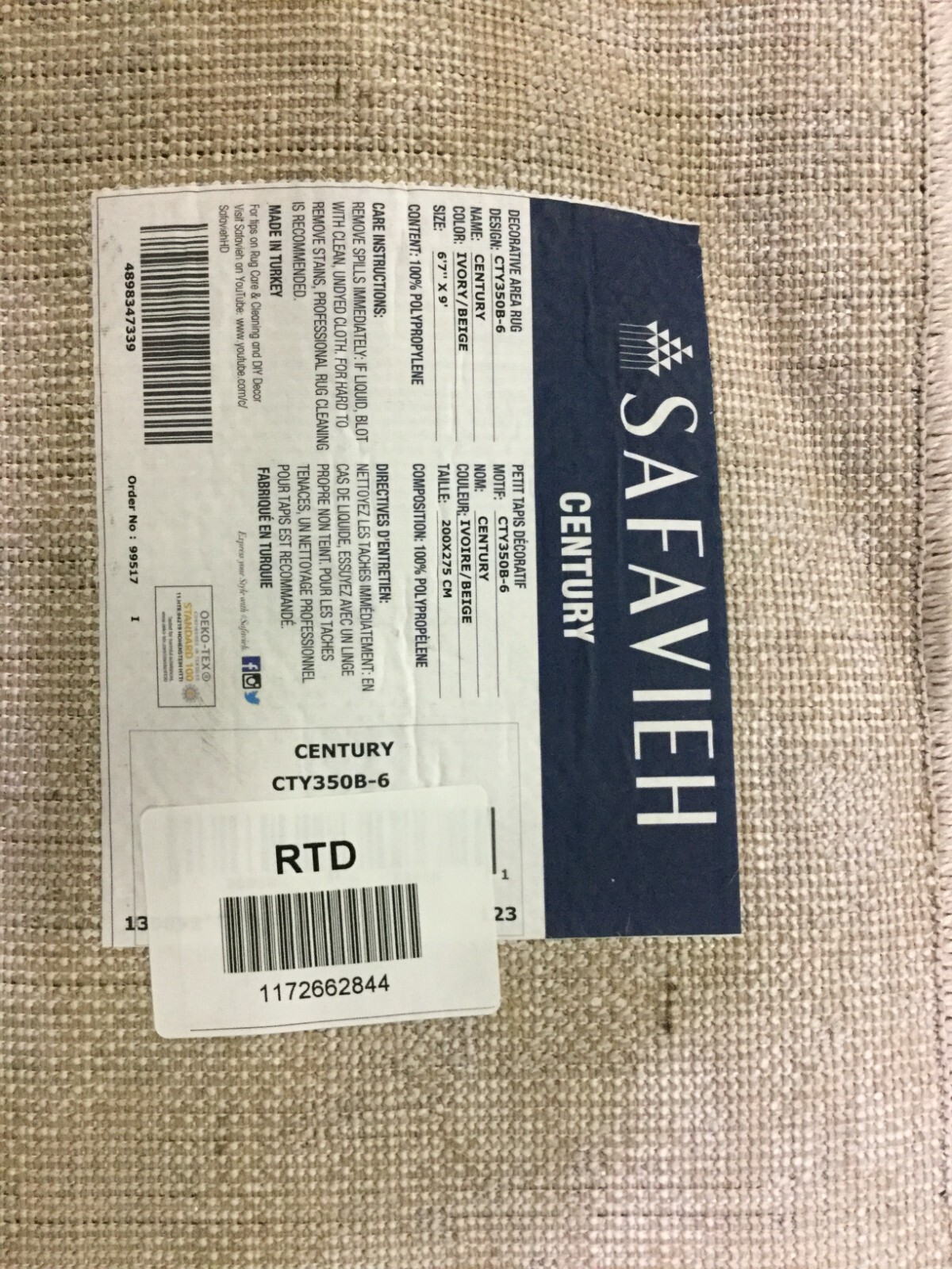 IVORY / BEIGE 6′-7″ X 9′ Back Stain Rug, Reduced Price 1172662844 CTY350B-6
