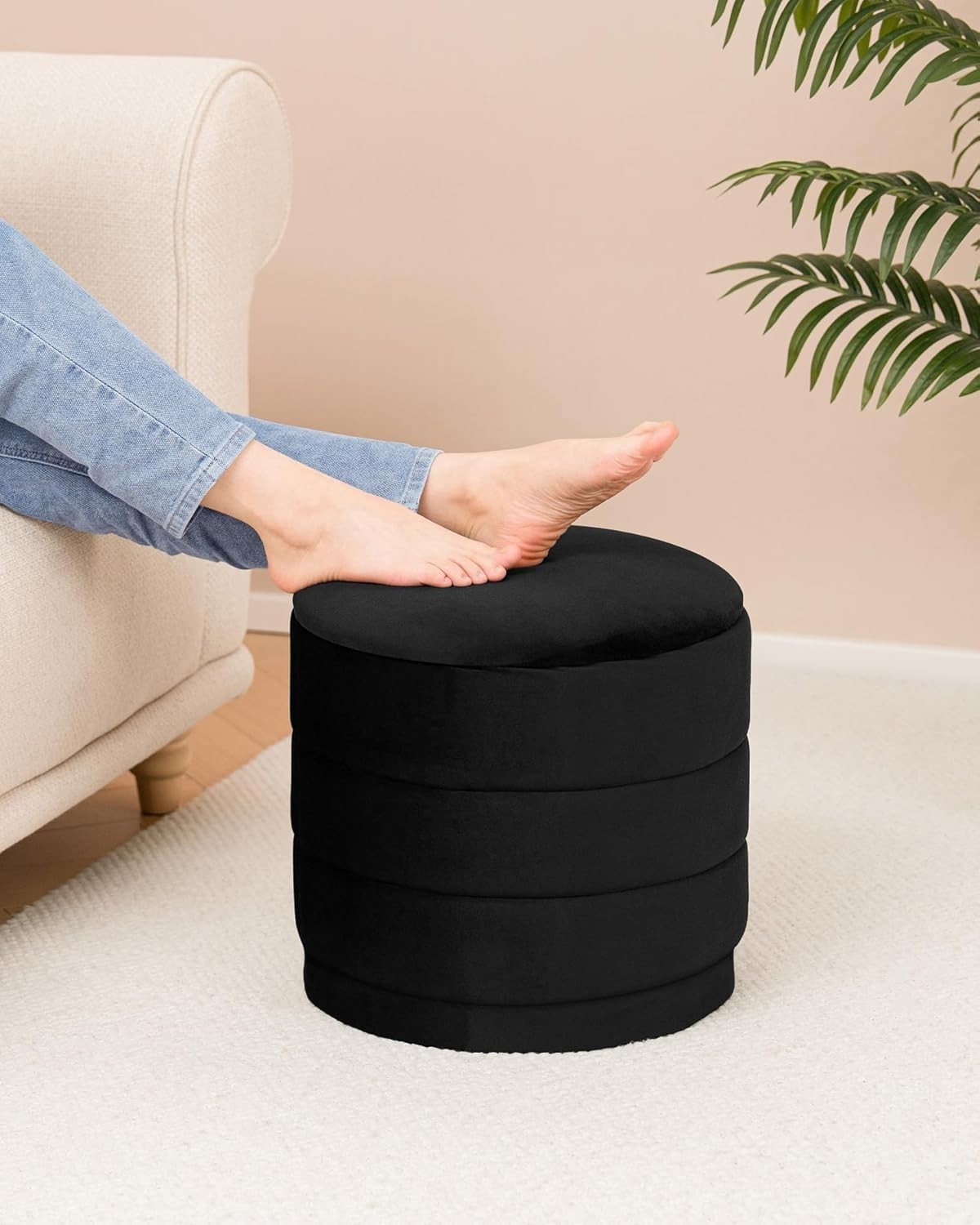 Round Velvet Storage Ottoman with Tray Folding Ottoman with Storage Coffee Table