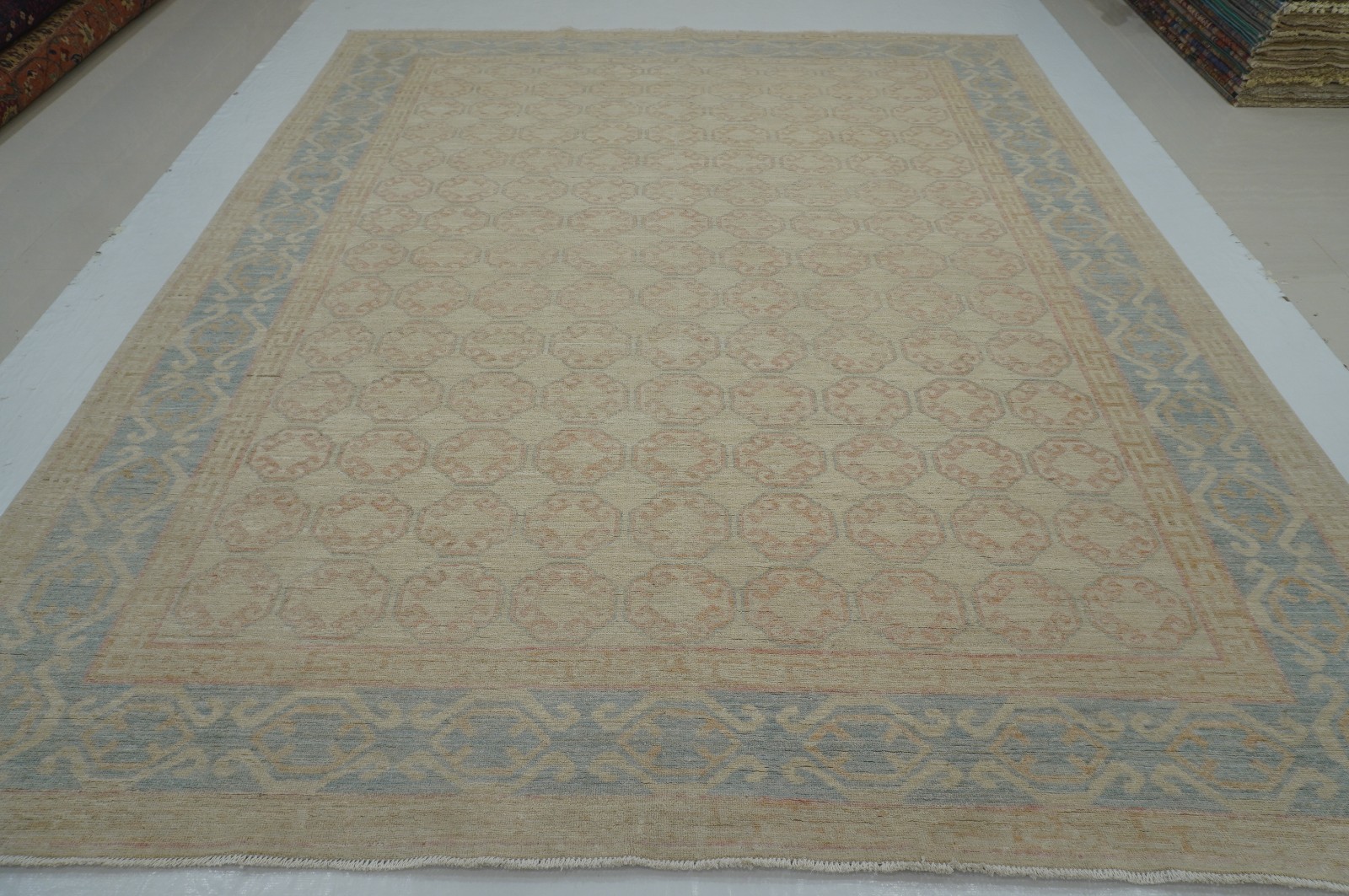 9×11 ft Ivory Beige Khotan Afghan Hand Knotted Wool Oriental Rug
