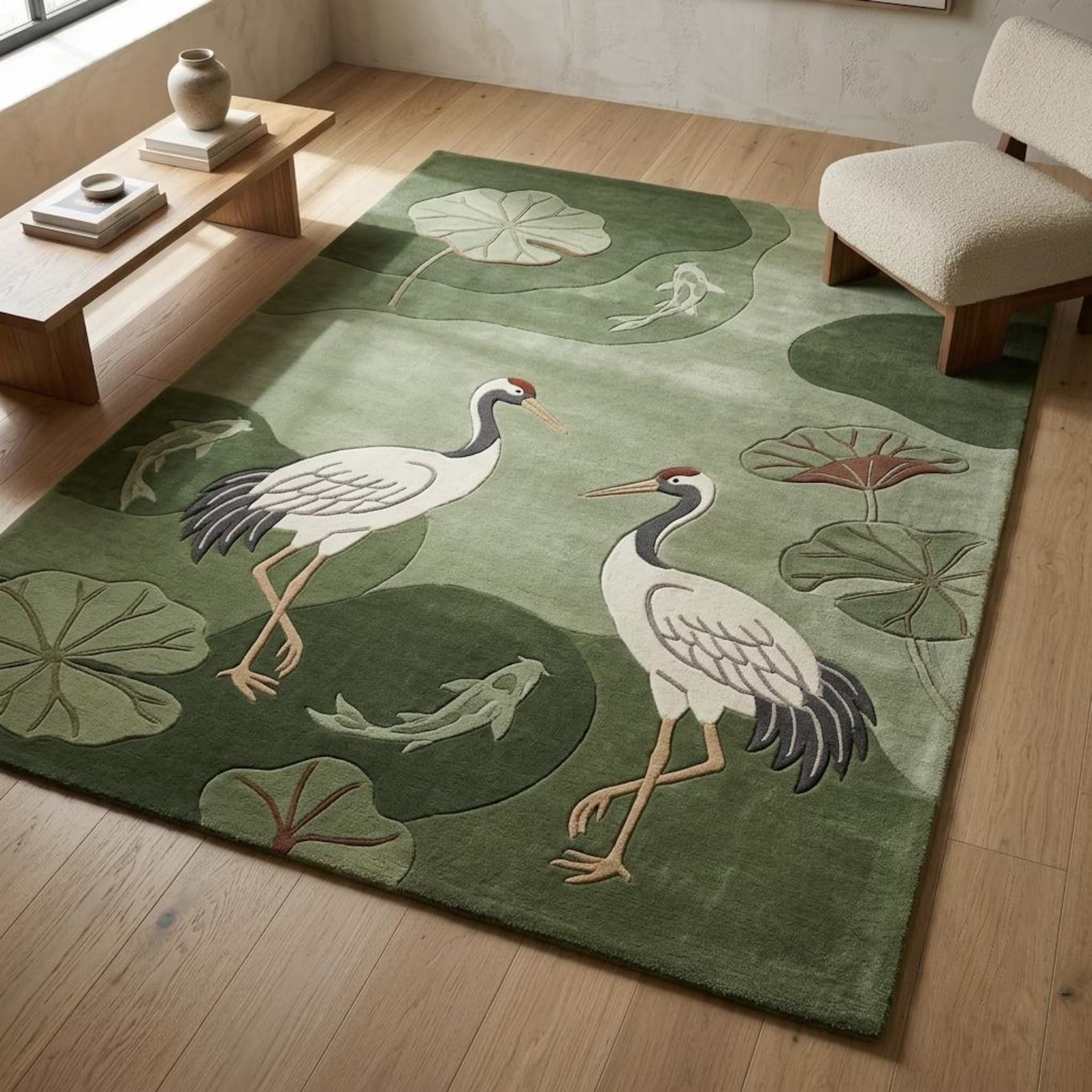 Hand Tufted Wool Area Rug Green Crane Bird Lotus Leaf Rug Nature Living Room Rug