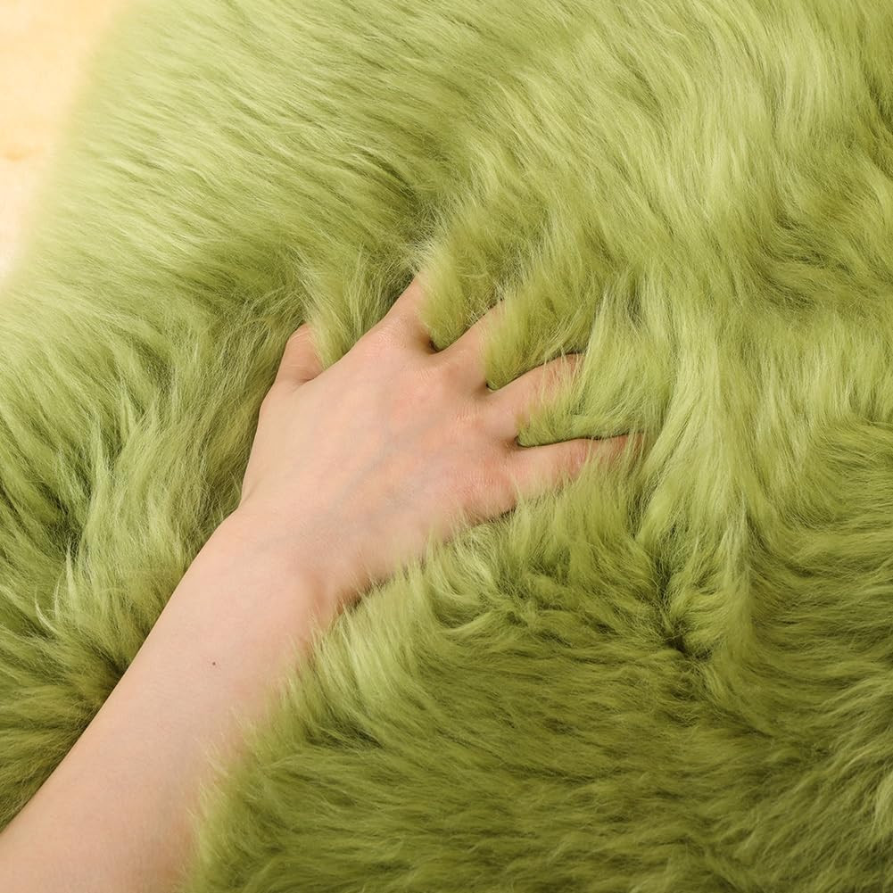 Fluffy Pea Green Genuine Sheepskin Rug 2×6 Ft for Living Room & Bedroom
