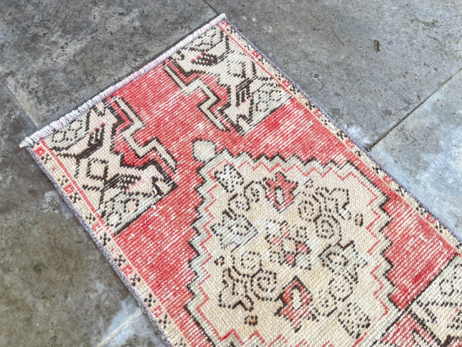 Vintage Turkish Rug 1.4×2.5 ft Hand-Knotted Wool Door Mat Boho Tribal Accent Rug