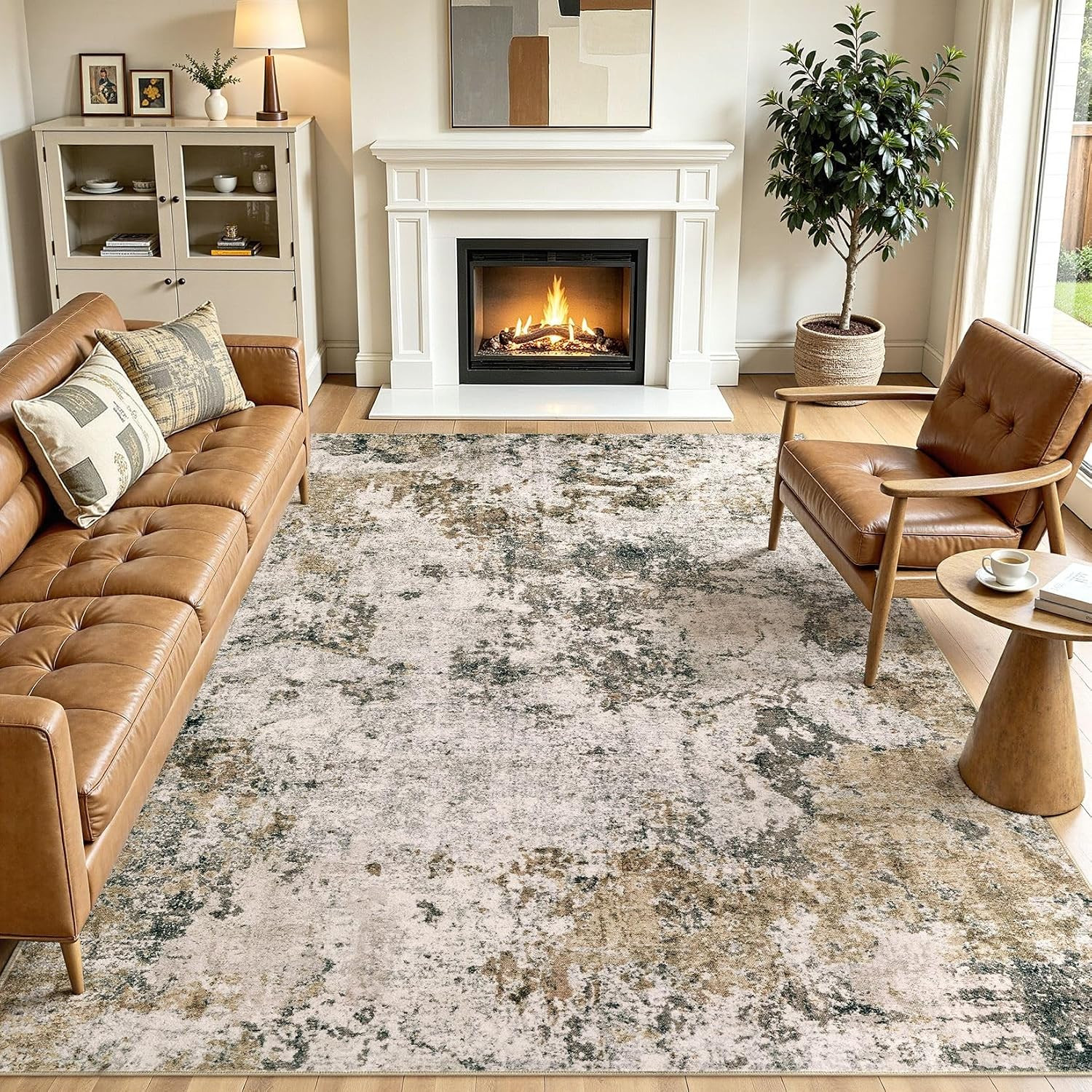 Area Rugs 5X8 Living Room: Washable Large Abstract Modern Neutral Soft Rug Stain