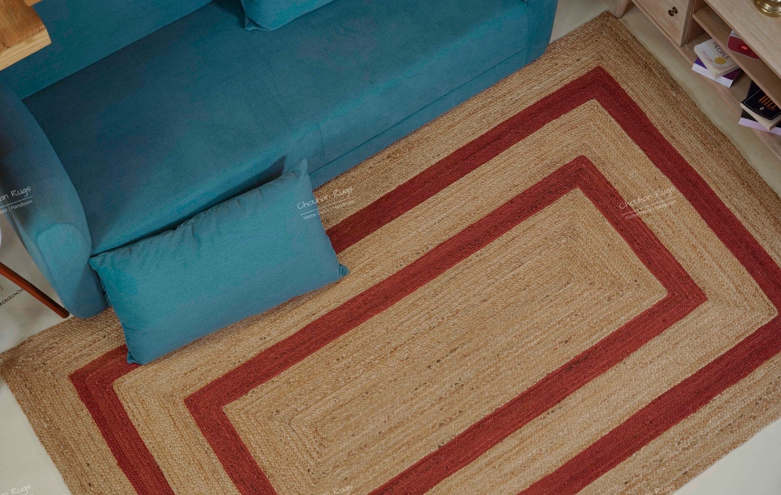Handmade Natural with Red Double Border large Area Rug Vintage Floor Jute rug