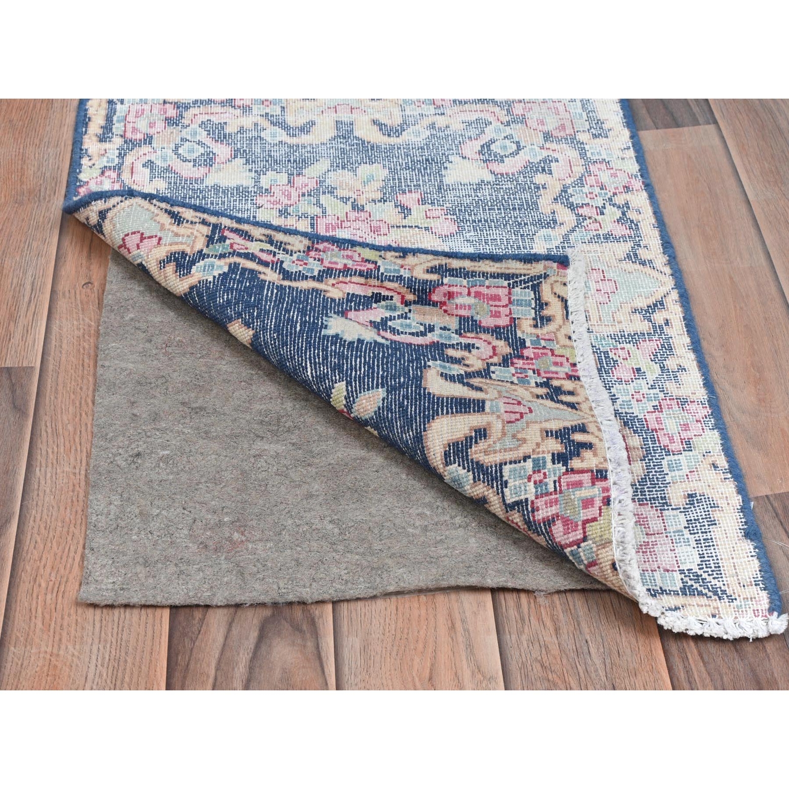 1’6″x2’1″ Blue Worn Wool Hand Knotted Vintage Farsian Karman Mat Rug R81954