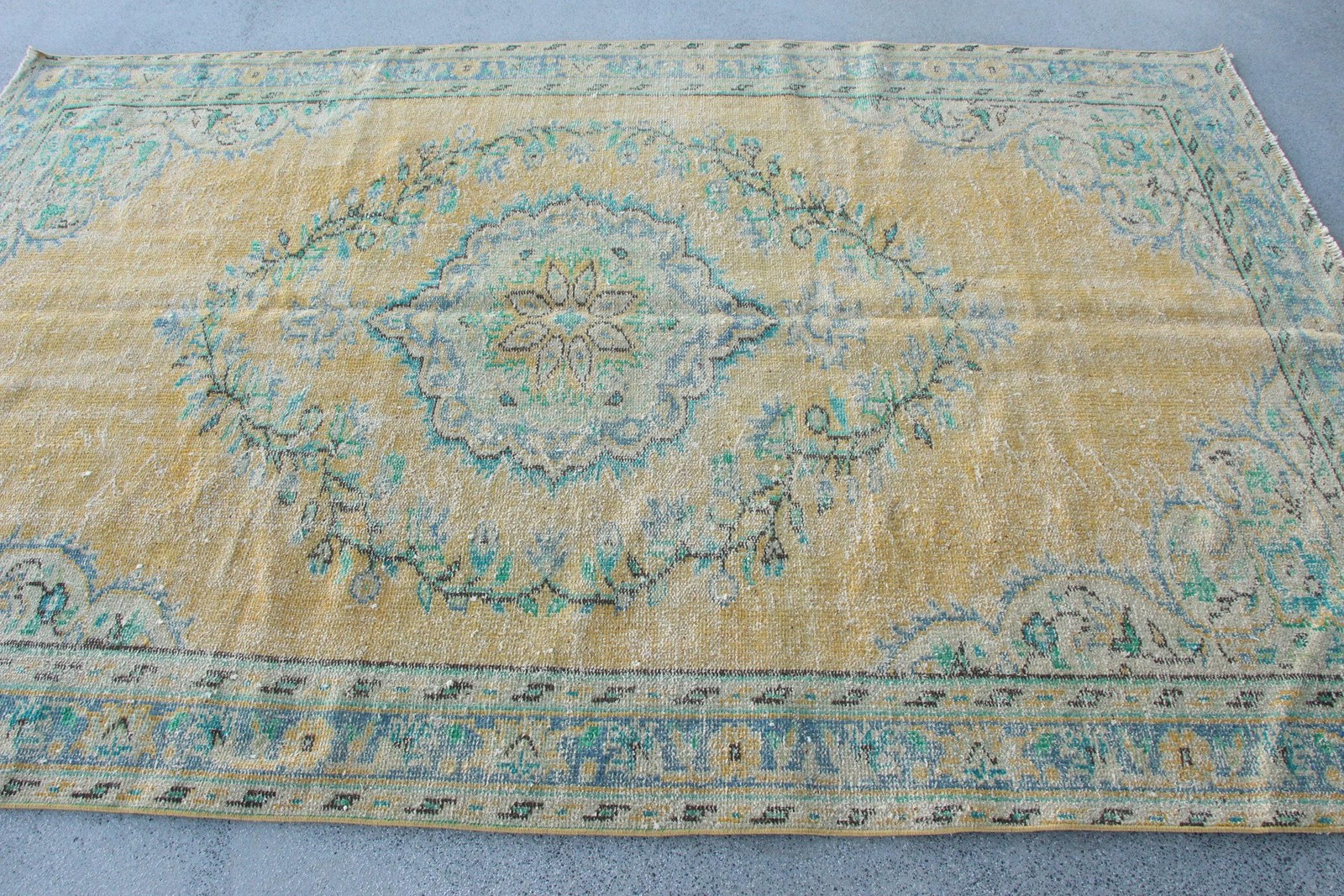 Vintage Turkish Rug, 5,6×8,7 ft Rug, Yellow Blue Ikat Wool Rug