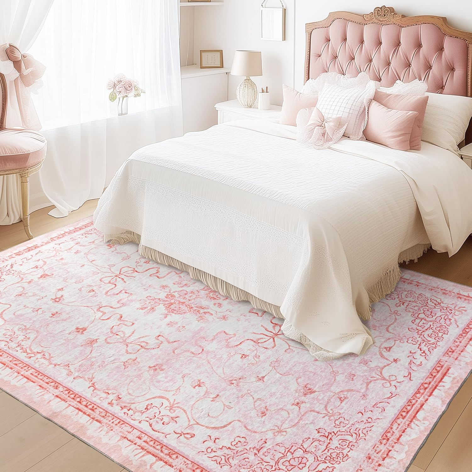 Pink Rug for Bedroom Girl Nursery – Bow Kids Rugs, Cute Coquette Teen Girls Room