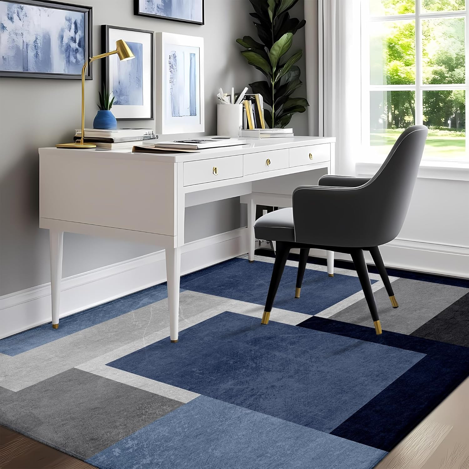 Blue Grey Geometric 5X7 Area Rug – Washable Non-Slip Modern Floor Carpet