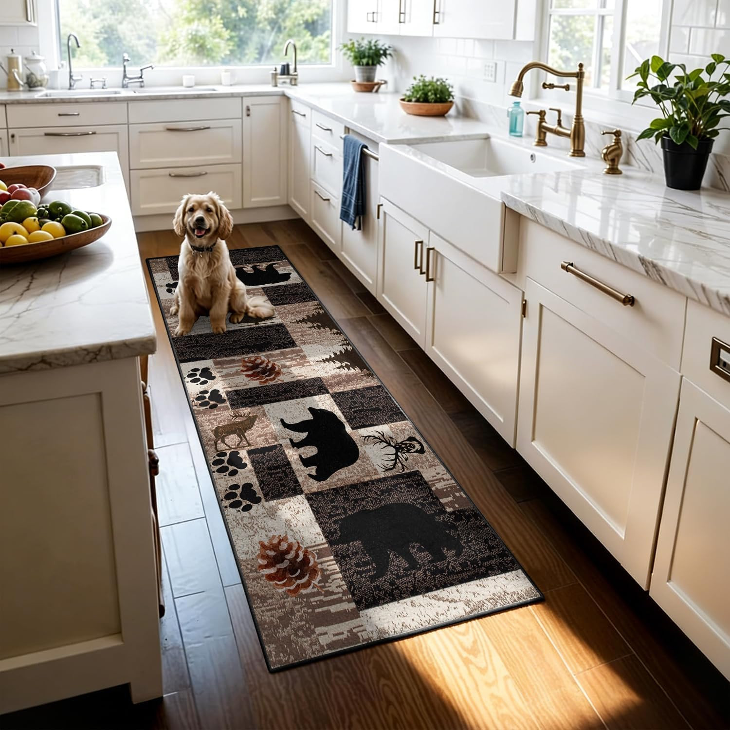Rustic Lodge Runner Rug,2.6X7Ft,Western Country Bear Elk Deer Wildlife Log