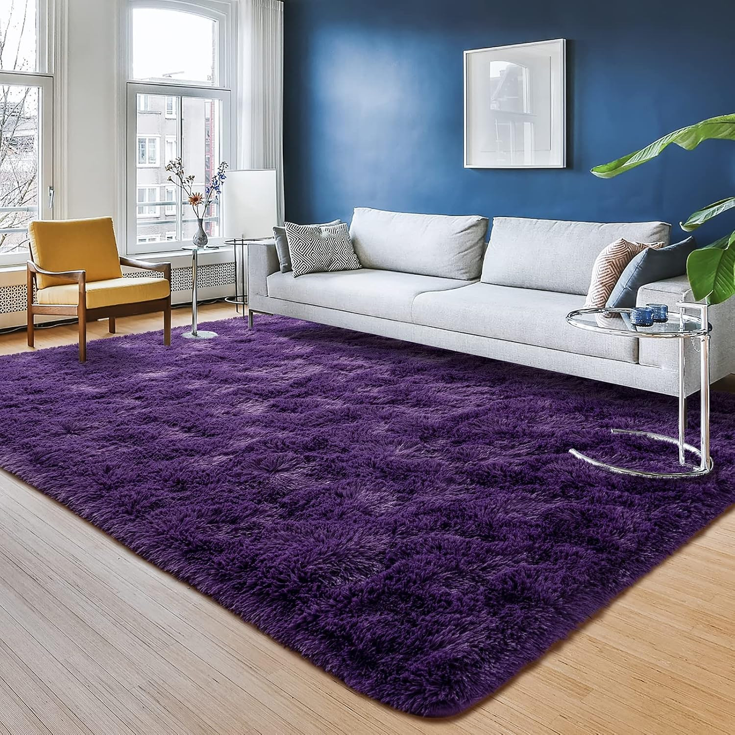 Fluffy Runner Rug for Bedroom Living Room, 2X6 Feet Dark Purple Shag Area Rugs,