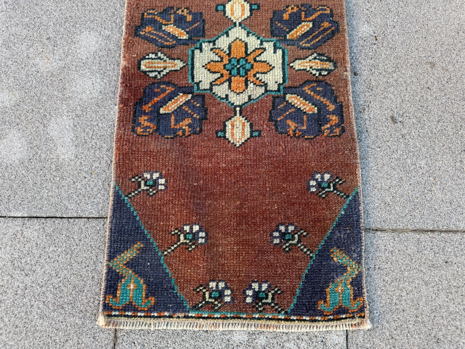Vintage Brown Turkish Rug 1.1×2.4 Ft Tribal Wool Mat Navy Turquoise Hand Knotted