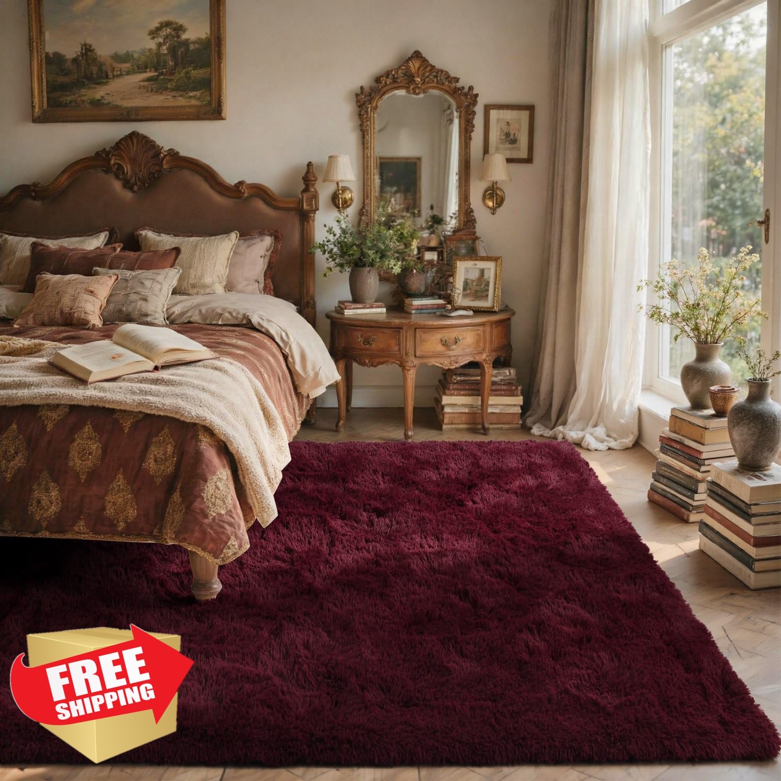 LòutiRoot Home Red Shag Rug 4′ X 6′