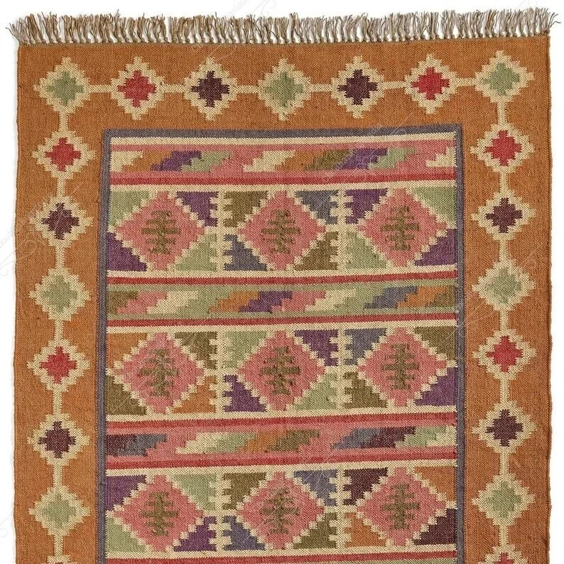 Kilim Rug Rectangle Handmade Wool – Jute Rustic Look India Traditional Carpet