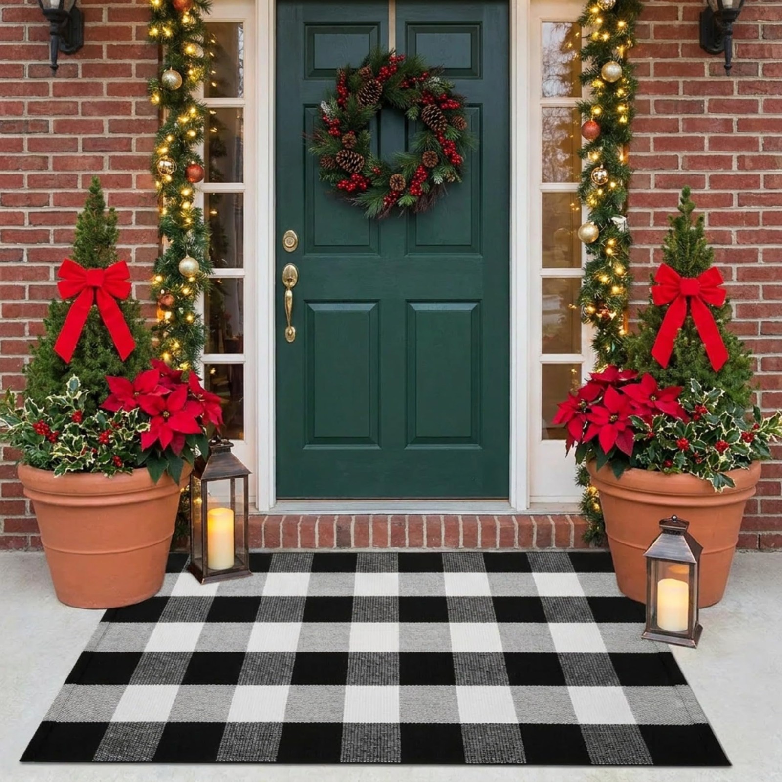 Buffalo Plaid Outdoor Rug 27.5×43 Black and White Front Door Mat, Layering Ru…