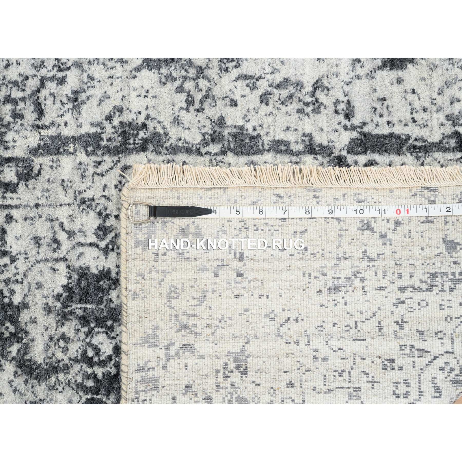 2’7″x12′ Gray Wool/Silk Hand Knotted Erased Zoroastrian Design Runner Rug R64837