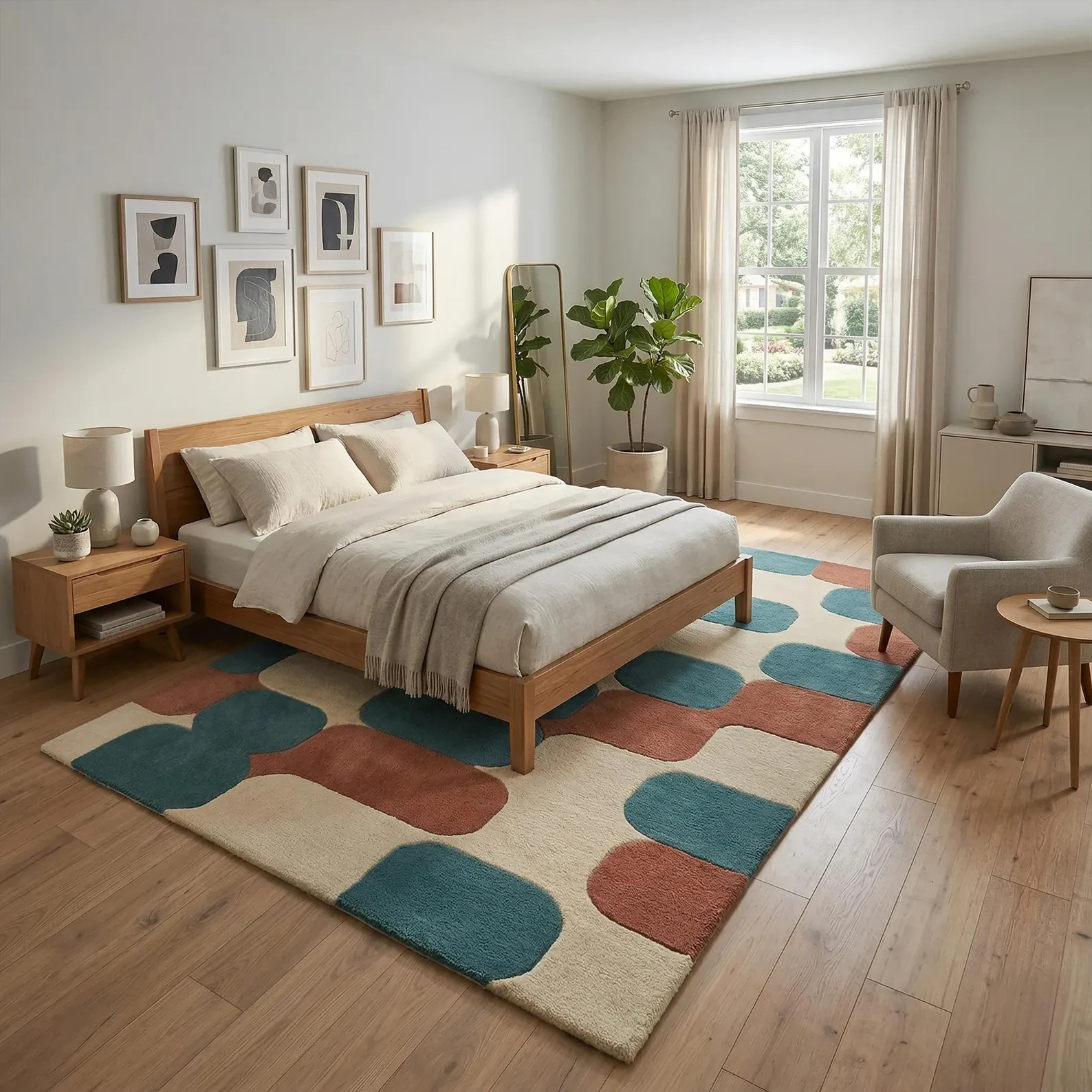 Hand Tufted Wool Rug, Modern Abstract Geometric Cream Teal Terracotta Area Rugs