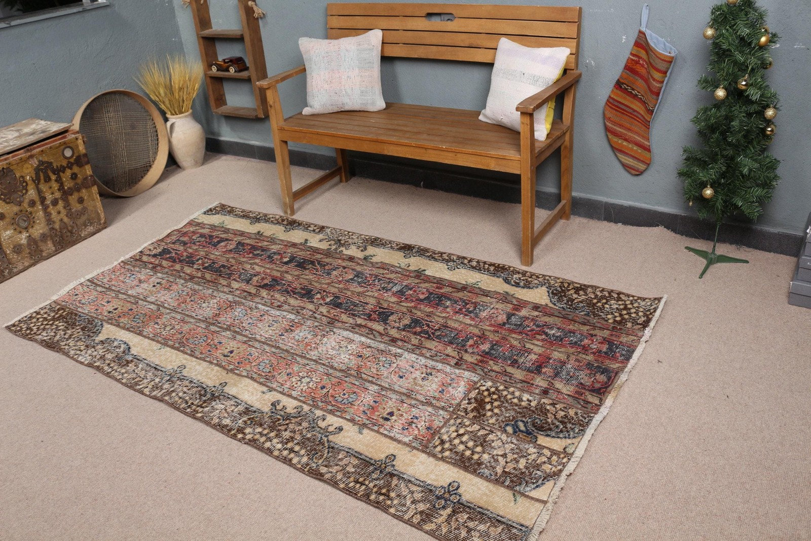 Turkish Area Rug 4×6,9 ft (121×211 cm), Vintage Brown Animal Print Wool Rug