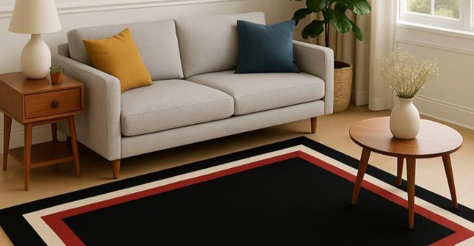 Modern Black Area Rug, Bold Red Cream Border, Contemporary Decor