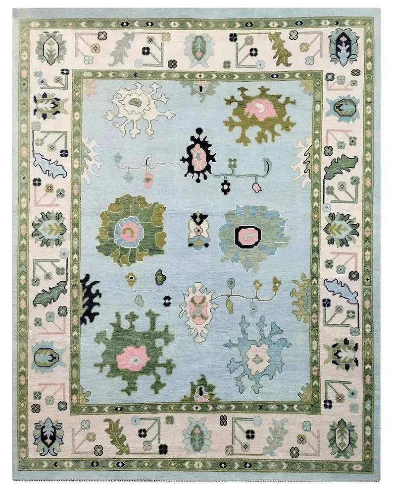 Hand Knotted Oushak Wool Rug | 8×10 Light Blue Area Carpet with Green Border