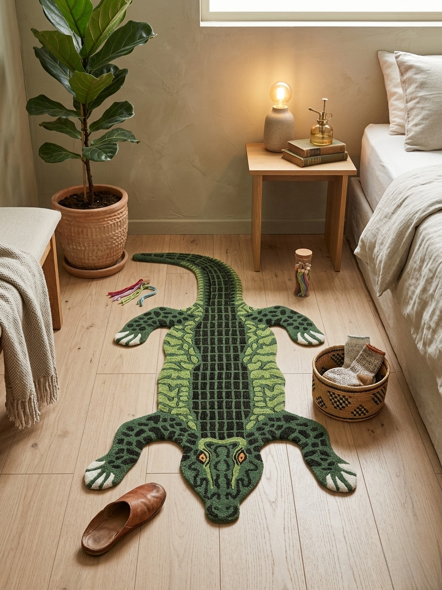 Handmade Crocodile Tufted Rug Custom Animal Shape Rug Green Art Rug Unique floor