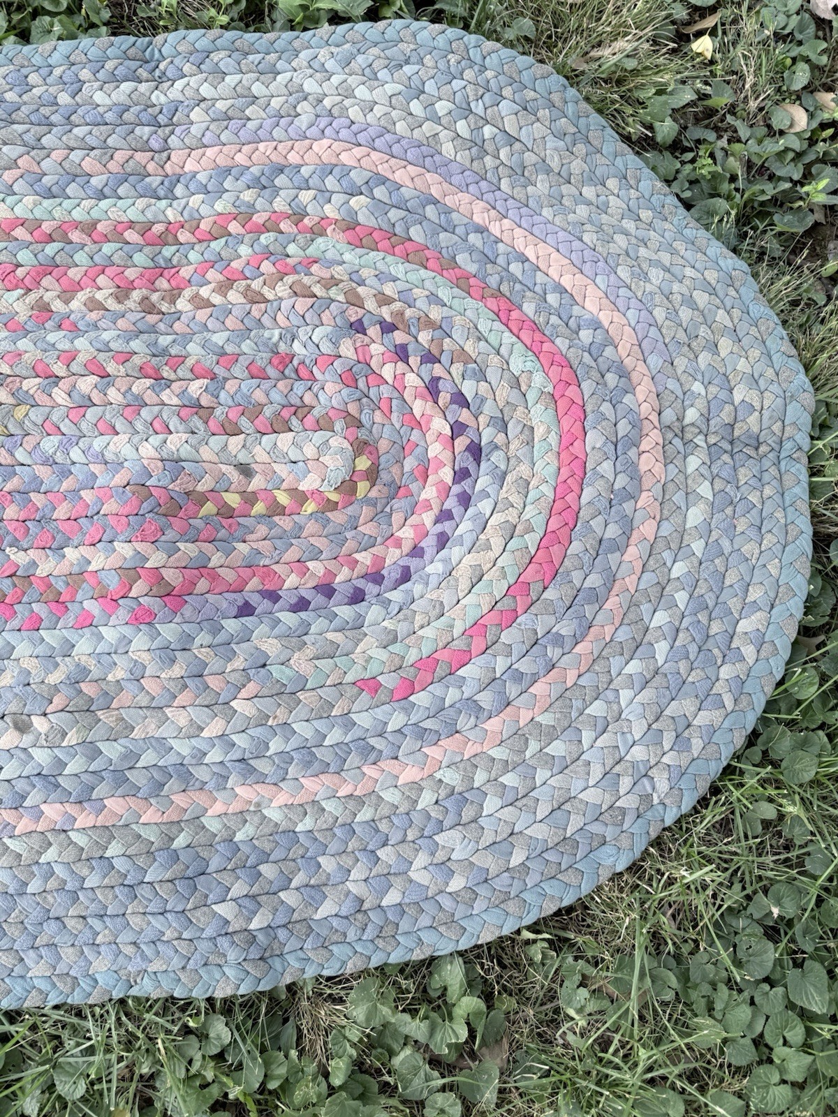 Antique Rag Rug Hand Braided Oval Pill Area Rug 61”x33″ Country Folk Art
