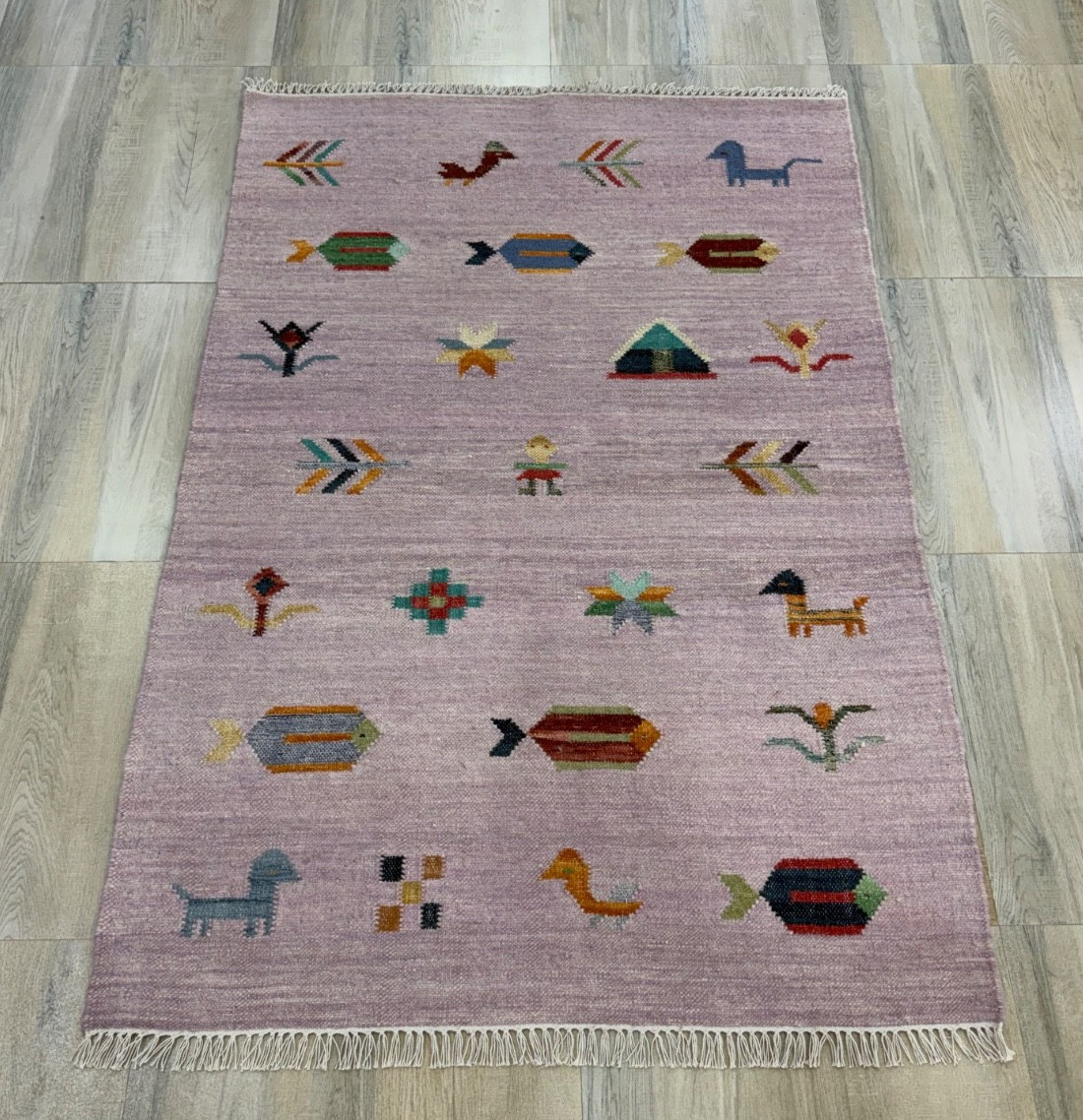 Tribal Handwoven Wool Rug 4×6 Lavender Flatweave Scandinavian Folk Art Kilim Rug