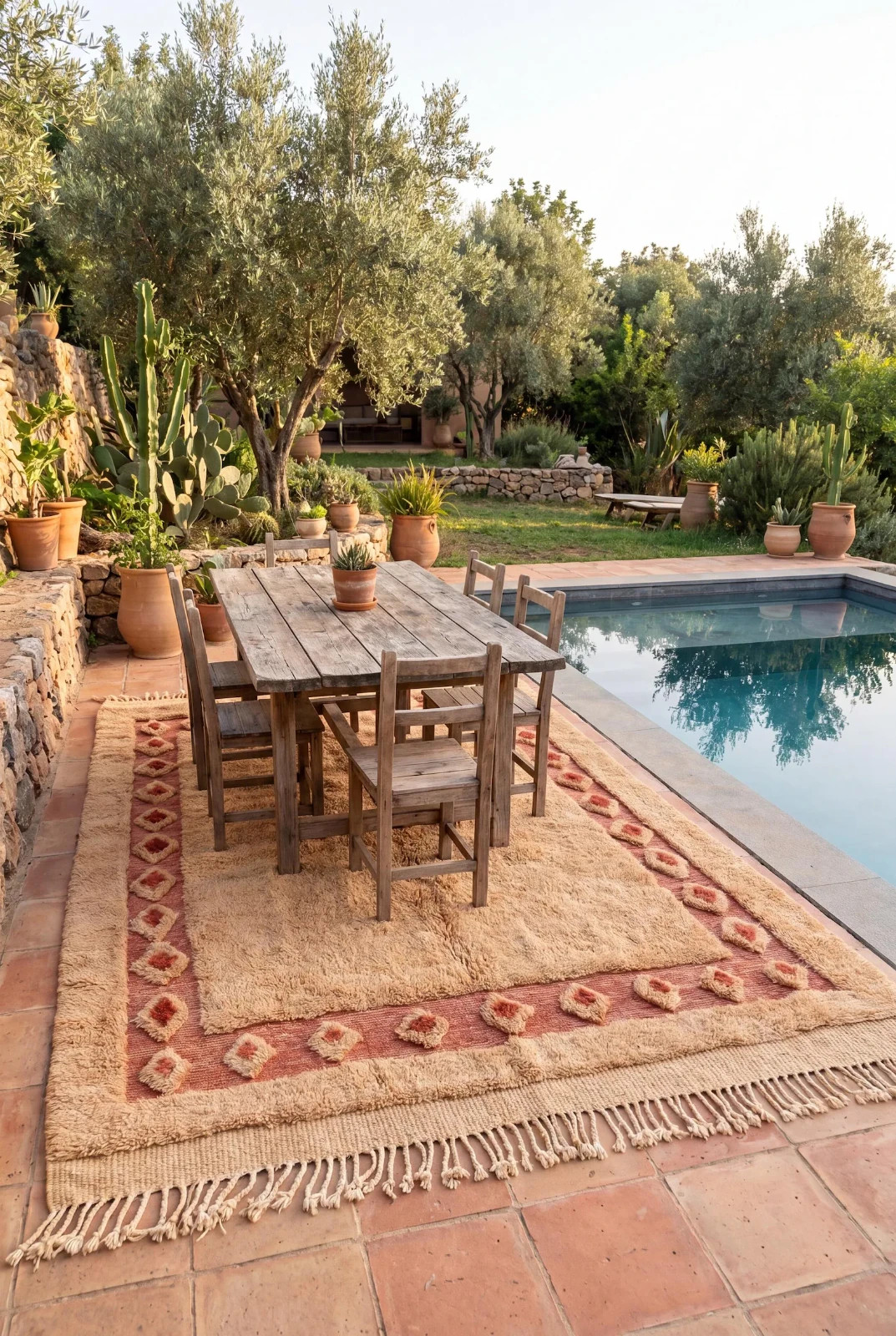 Handmade Moroccan Berber Rug | Plush Beige Wool Area Rug with Tribal Red Border