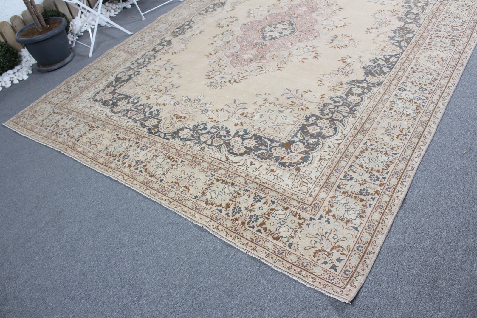 Vintage Rug, 8,1×11,2 ft Turkish Rug, Brown Blue Oriental Wool Rug