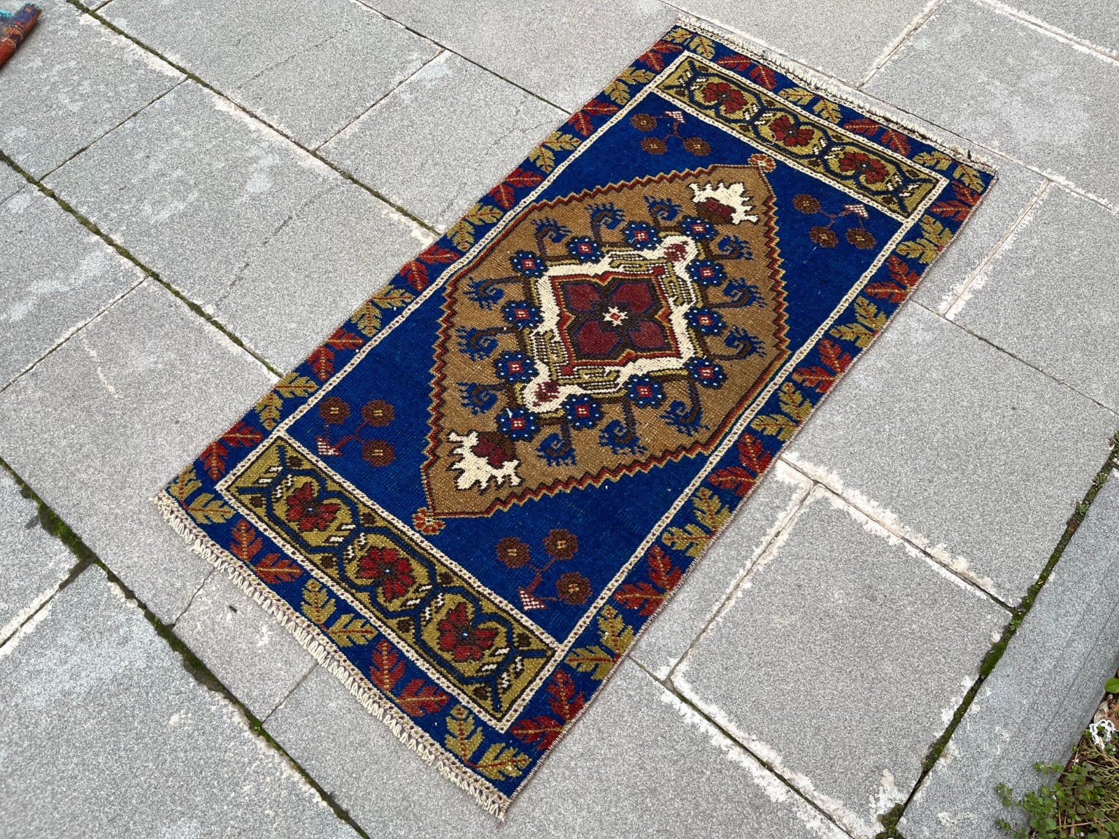 Vintage Oushak Rug 1.9×3.6 ft Small Turkish Indigo Blue Boho Tribal Mat
