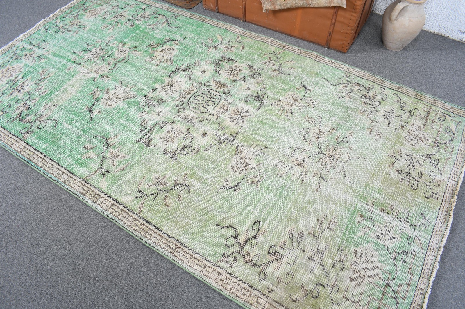 Turkish Area Rug, 4,5×8,1 ft Vintage Rug, Green Floral Wool Rug