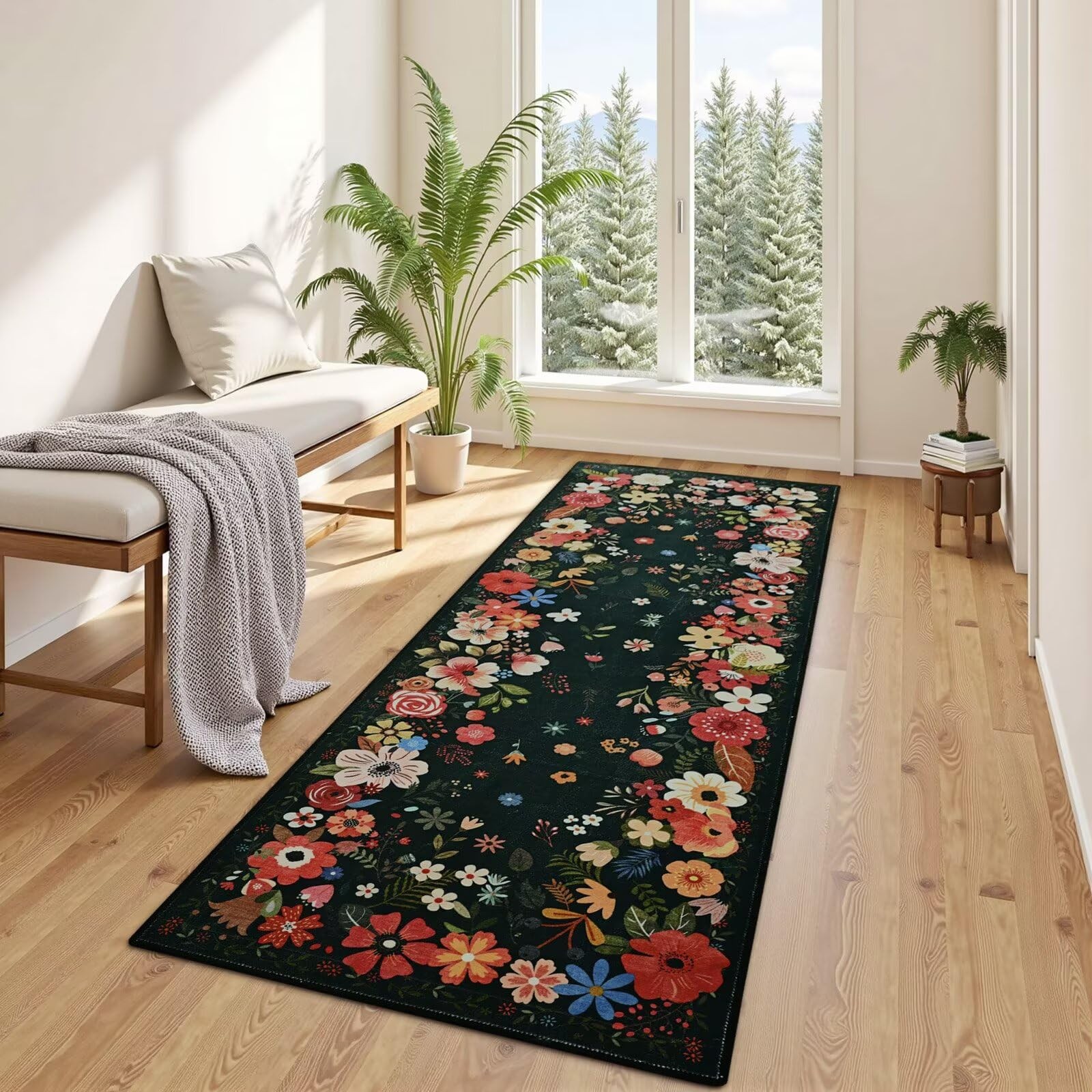 2×6 Runner Rug for Bedroom, Black Washable Rugs for Kitchen, Hallway