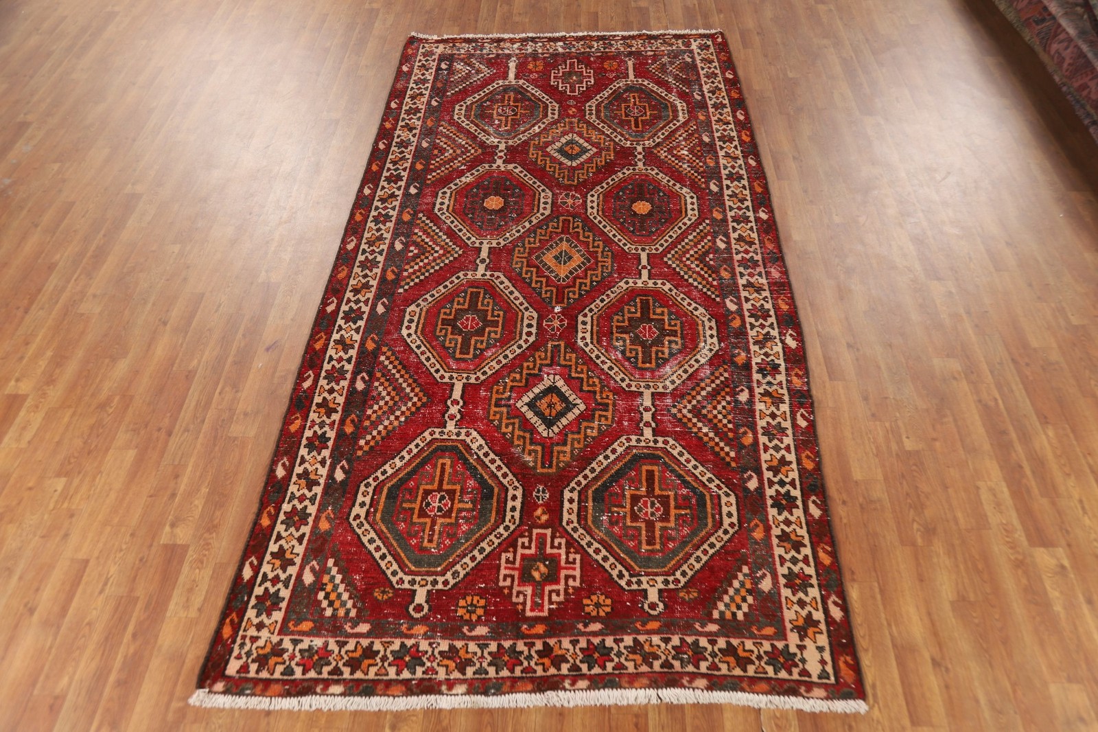 Red Geometric Tribal Area Rug 5×10 Hand-knotted Nomadic Vintage Wool Carpet