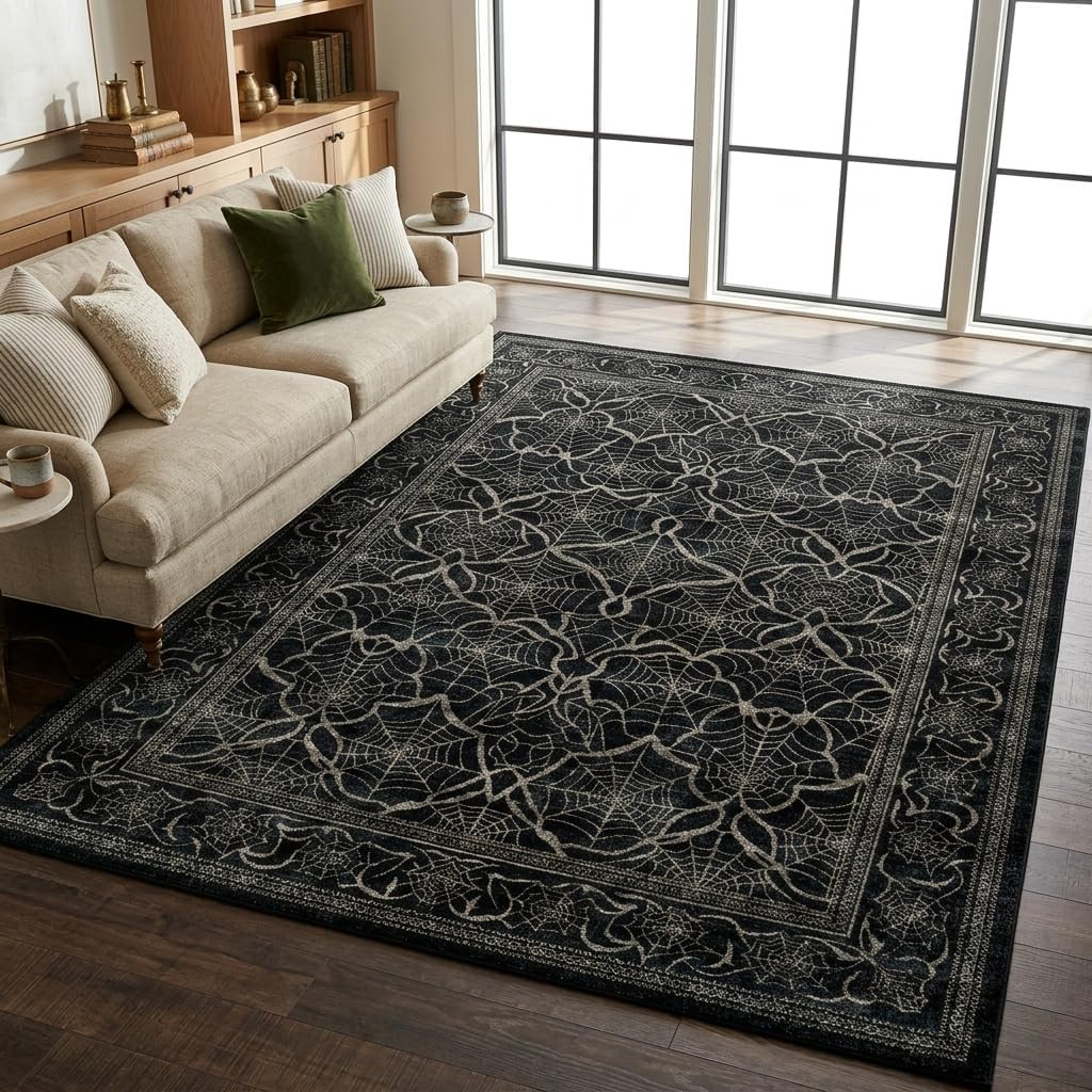 Gothic Black Spider Web 5×7 Area Rug – Machine Washable, Non-Slip, Lightweight