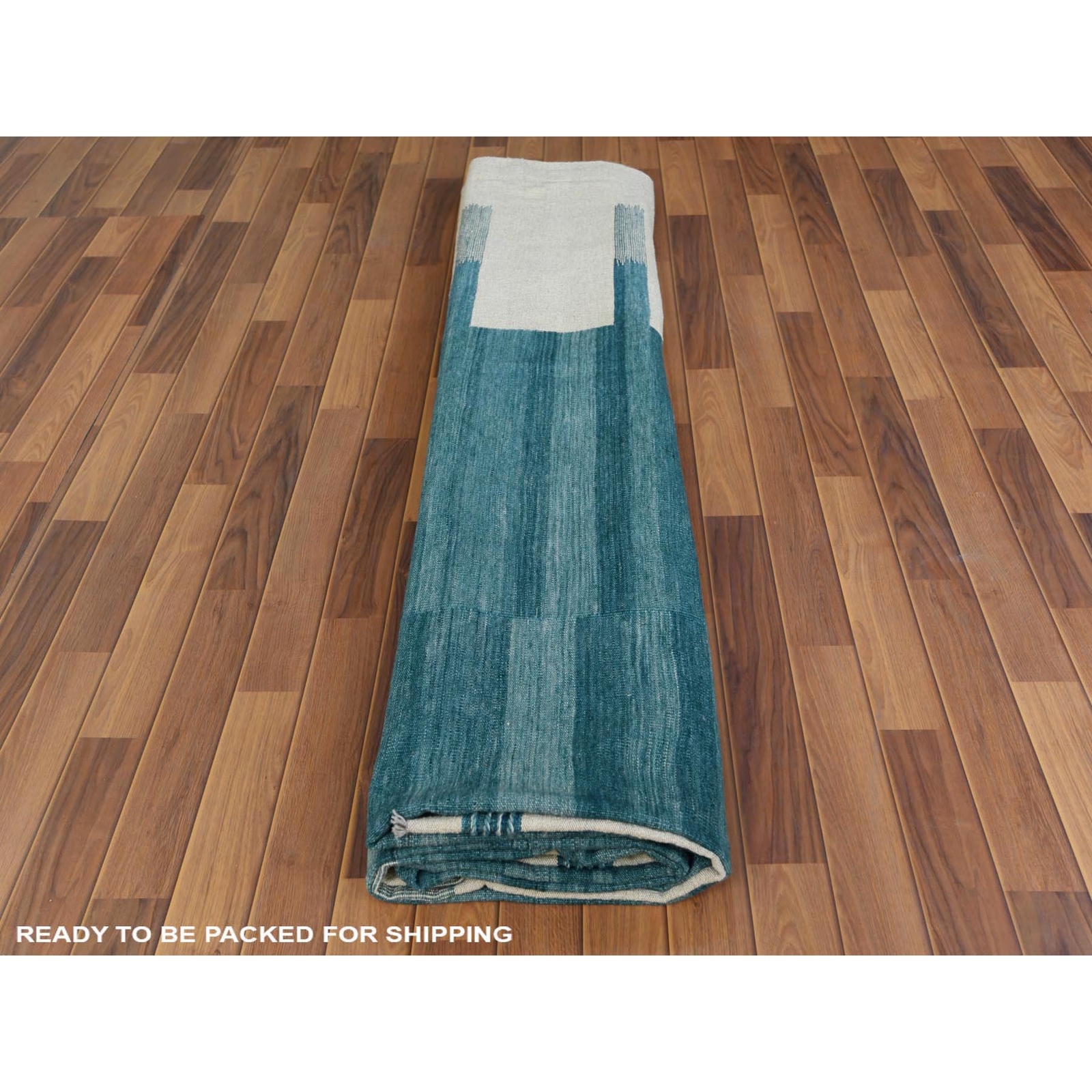 12’3″x15′ Aquamarine Stripe Design Hand Woven Kilim Flat Weave Wool Rug R60052