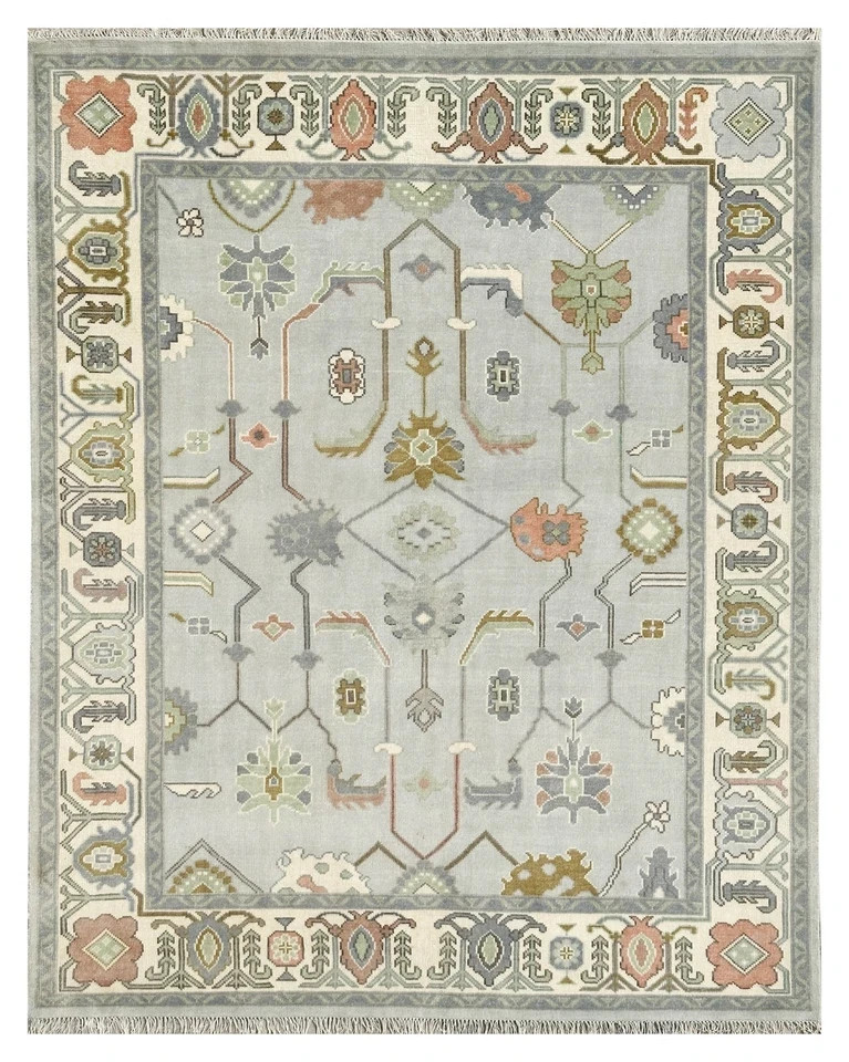 Hand Knotted Oushak Rug Gray Wool Area Rug Turkish Vintage Carpet