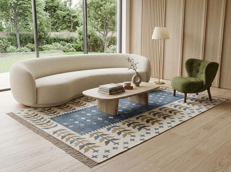 Handmade Wool Area Boho Rug Vintage Kilim Modern Carpet Blue/White Living Room