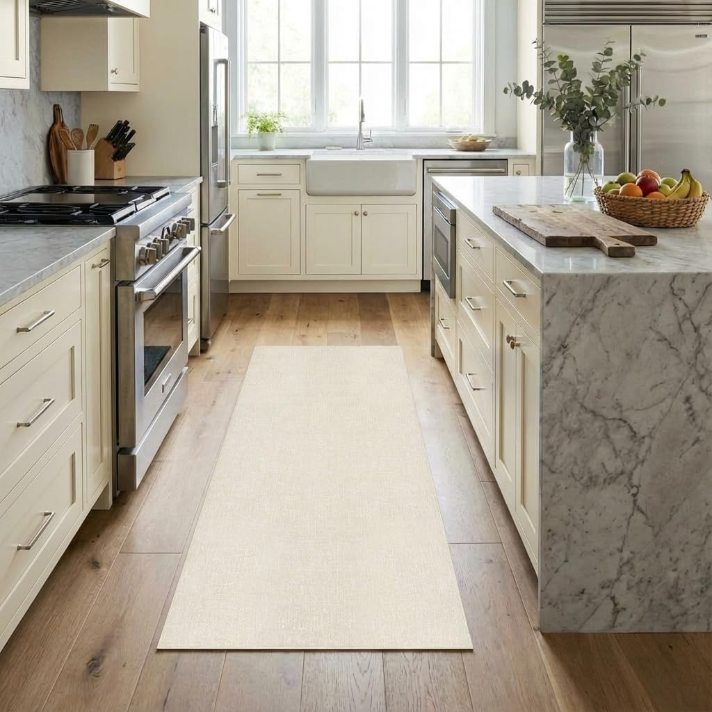 Entryway Rug 2 x 6 ft Beige Textured Solid Washable Non Slip Stain Resistant