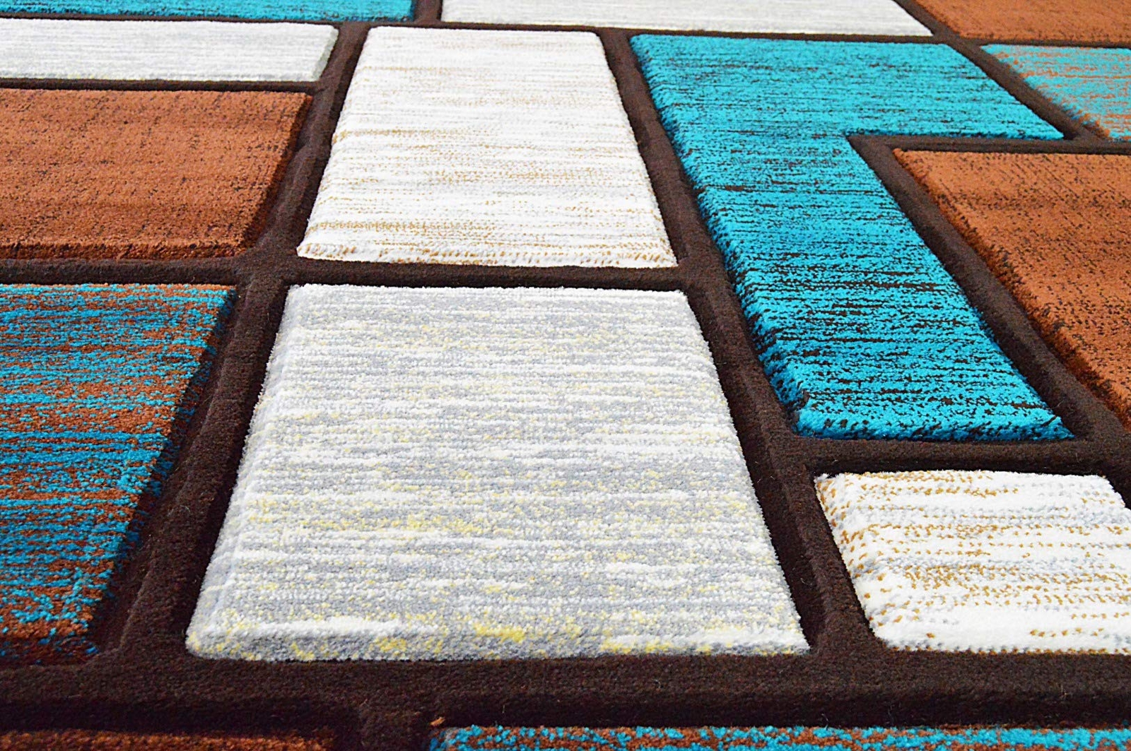 Premium Carved Modern Contemporary Abstract Rug 3995 Turquoise Brown 5’3”x7’6