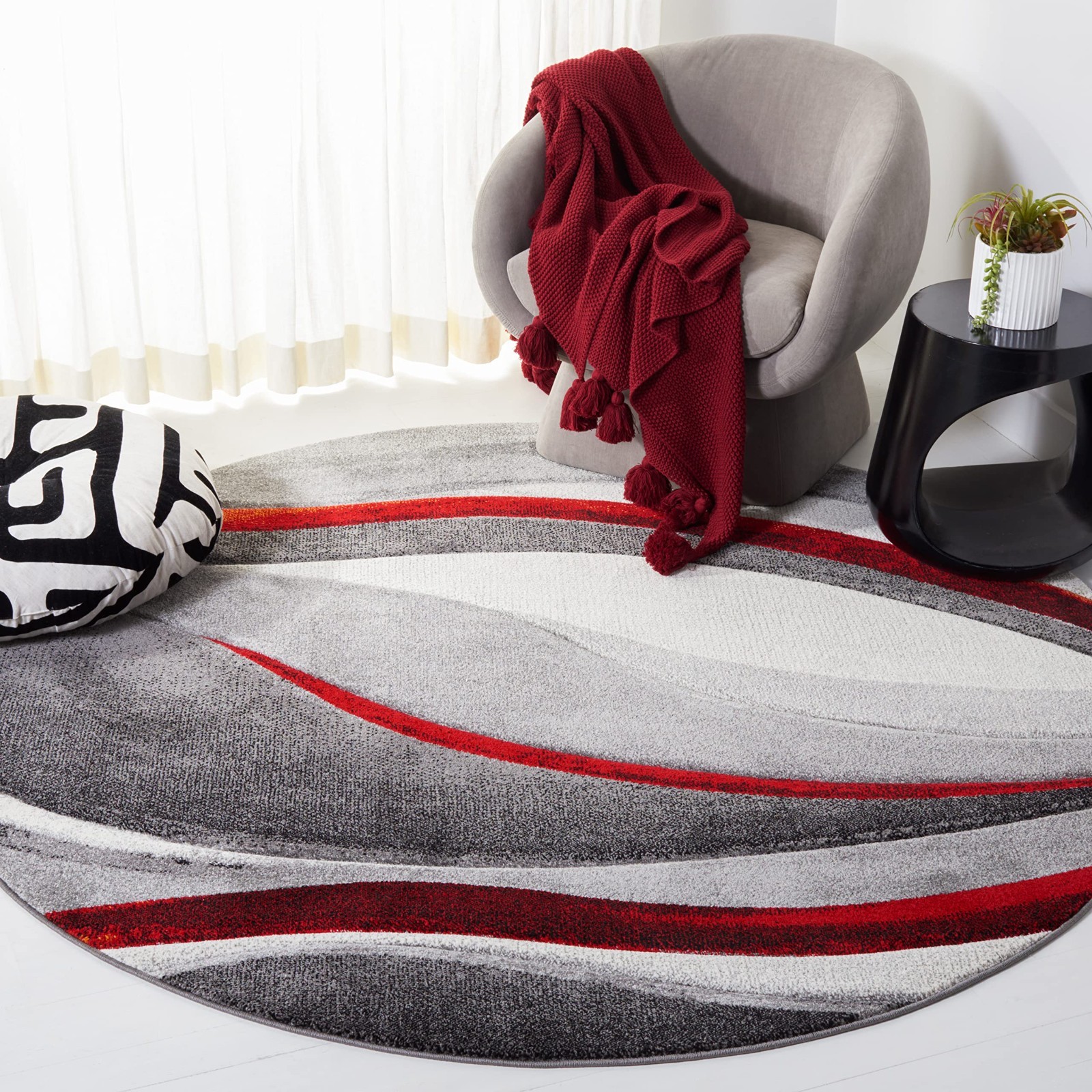 Modern Round Area Rug 3′ Grey & Red – Non-Shedding, Easy Care, High Traffic Use
