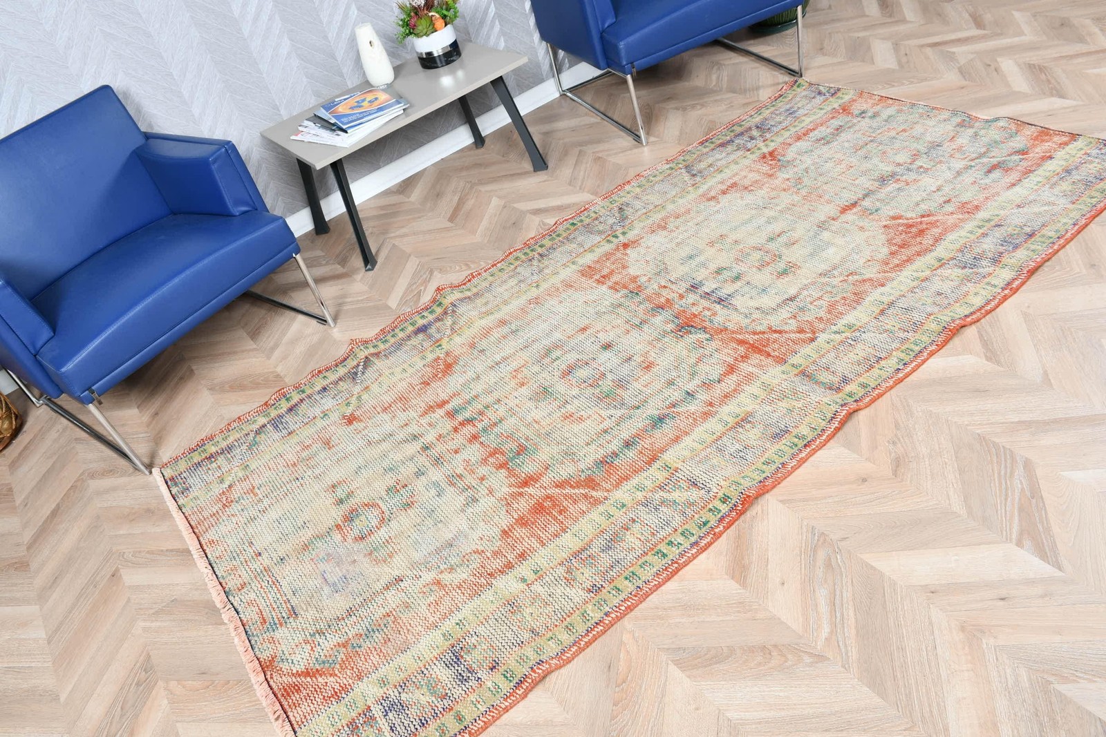 Vintage Turkish Rug 4,1×8,1 ft, Orange Camouflage Wool Rug