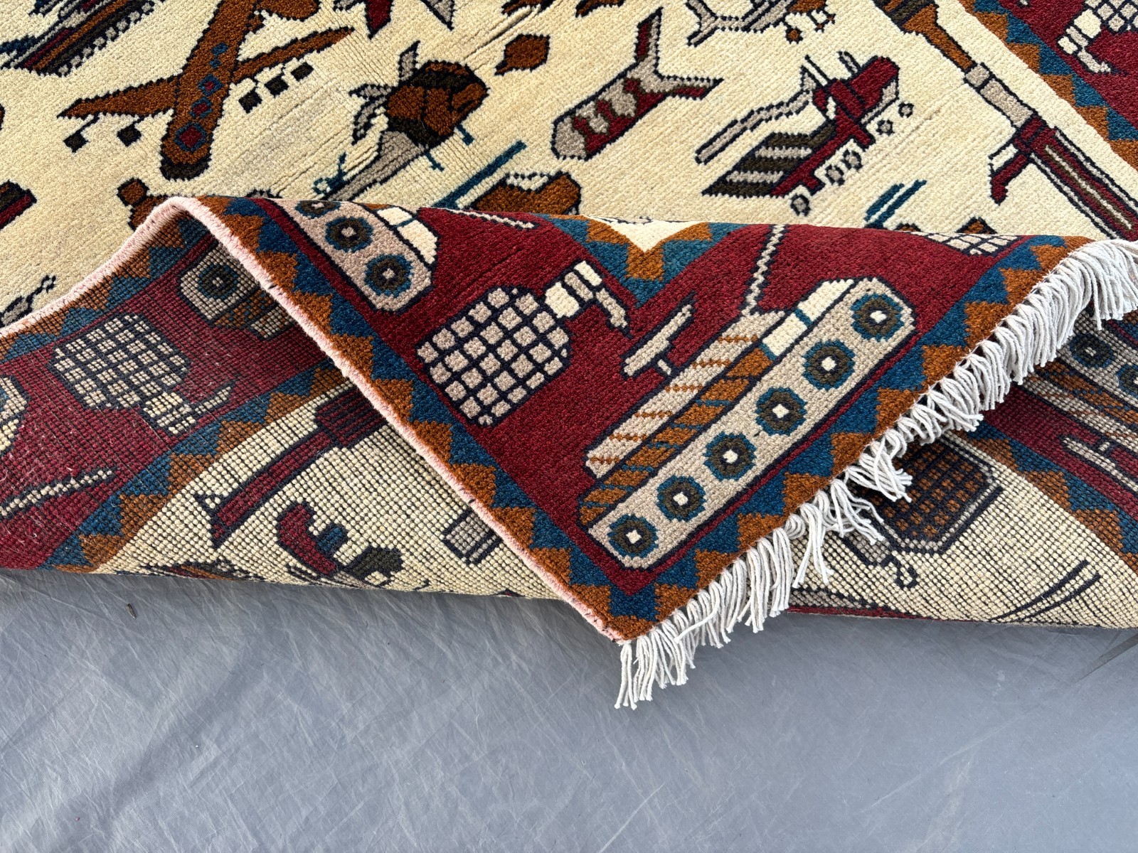 4×5 Afghan Hand-Knotted War Rug – Military Vehicles, Aircraft Weapons Office Rug
