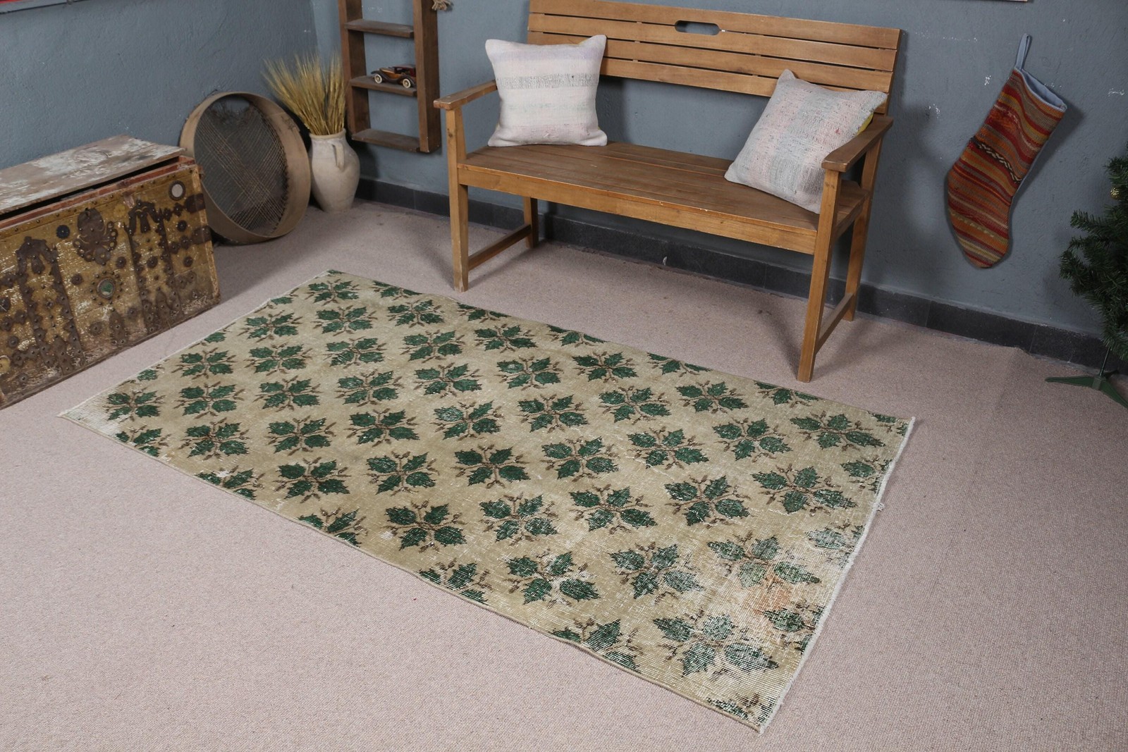 Vintage Turkish Rug, 3,7×6,6 ft Rug, Green Brown Oriental Wool Rug