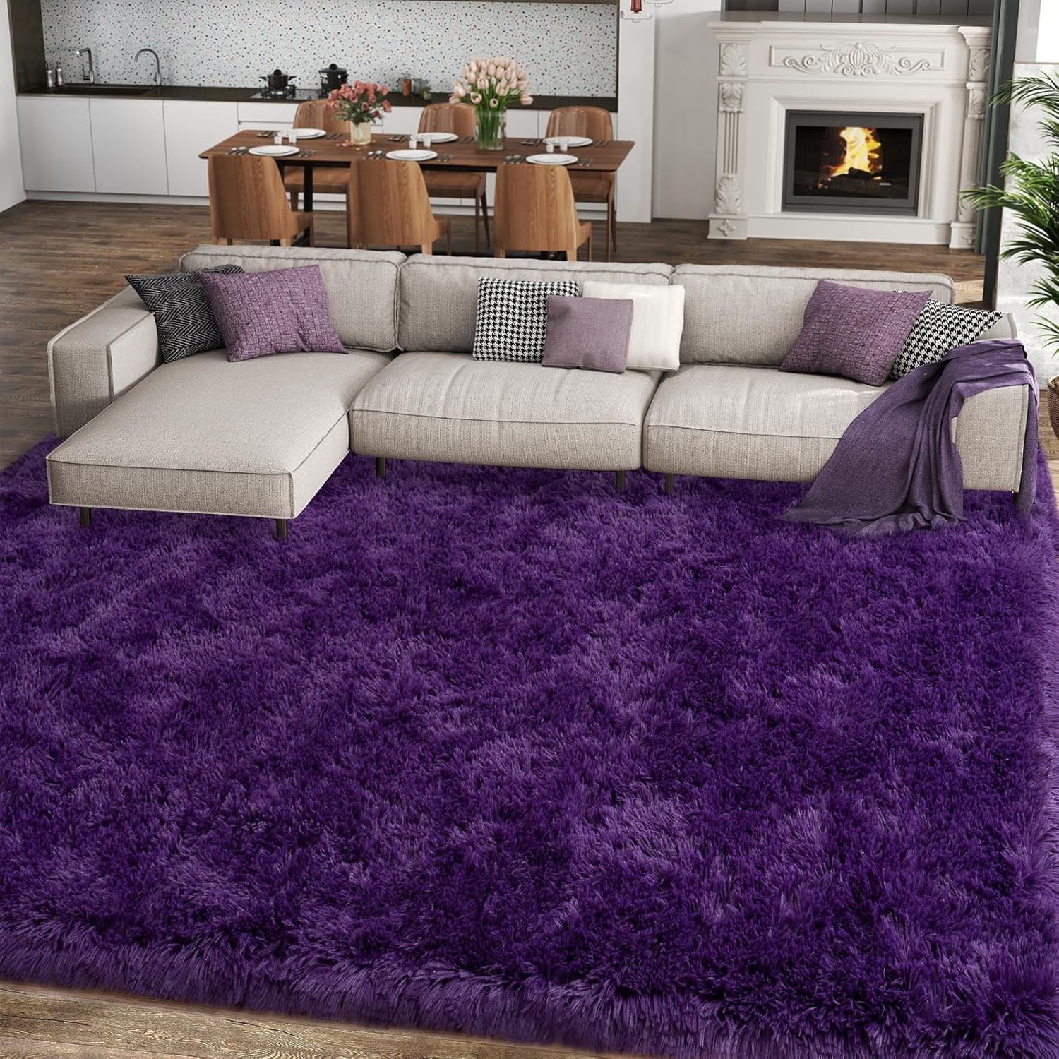 Ultra Soft 8X10 Purple Shag Rug for Living Room, Non-Slip Plush Carpet