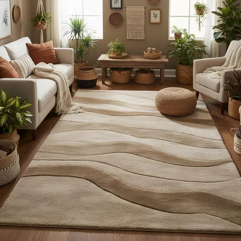 Handmade Wool Area Rug, Beige Cream Wavy Abstract, Coastal Decor rug