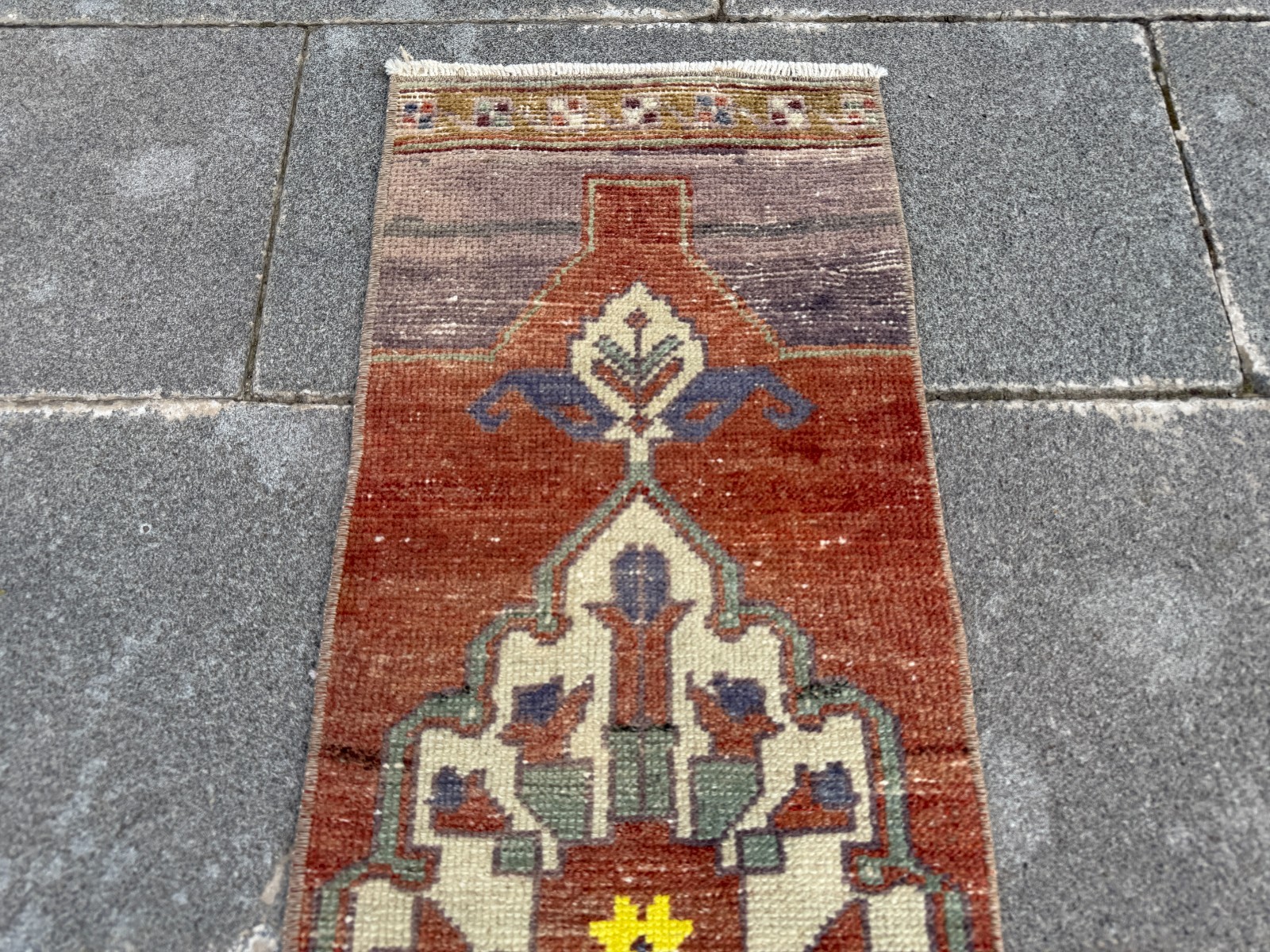 Small Vintage Turkish Rug 1.1×3.3 ft Terracotta Yellow Long Kitchen Entry Mat