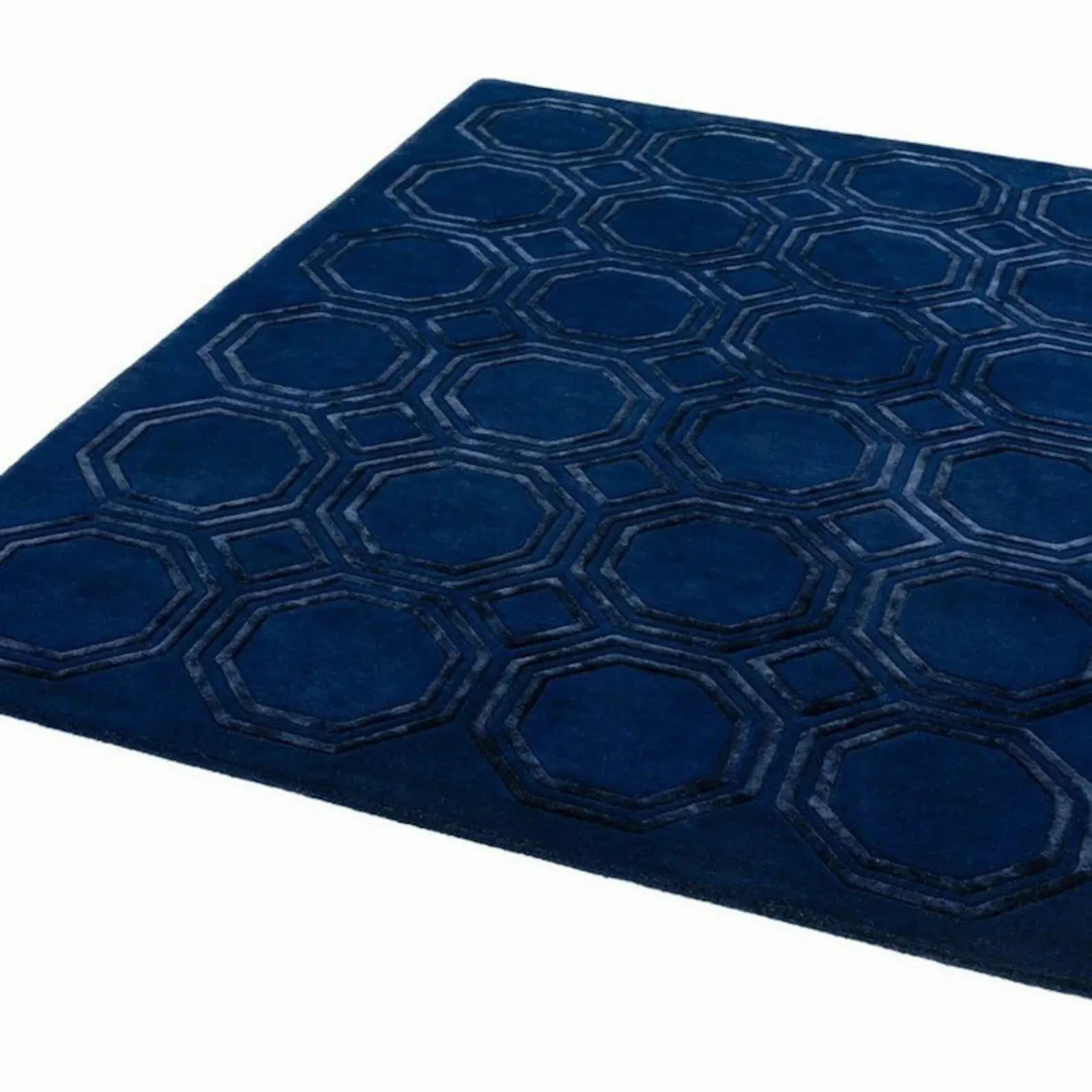 Hand Tufted Geometric Color Blue Wool & Silk Rug Handmade Design Carpet Rug